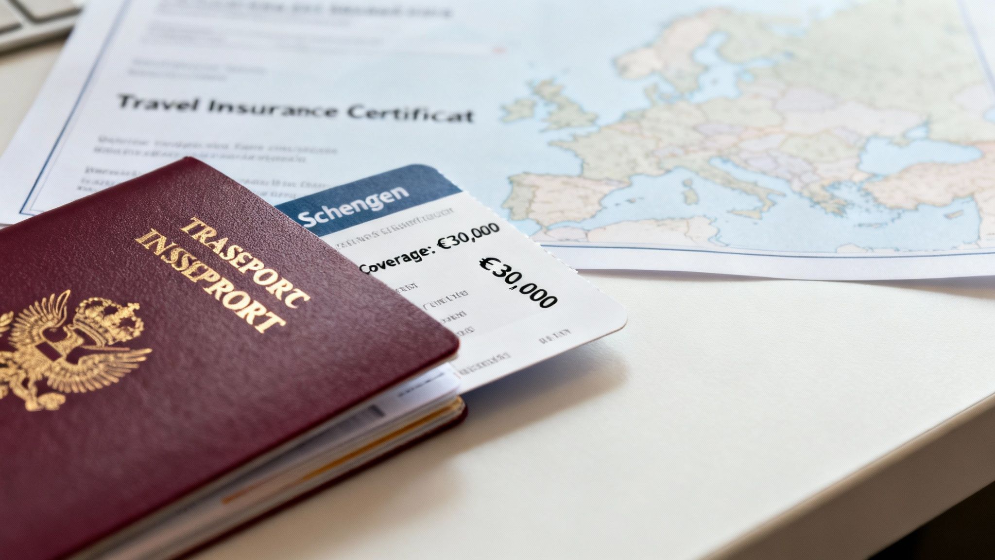 A passport and Schengen travel insurance with €30,000 coverage, placed on a map of Europe.