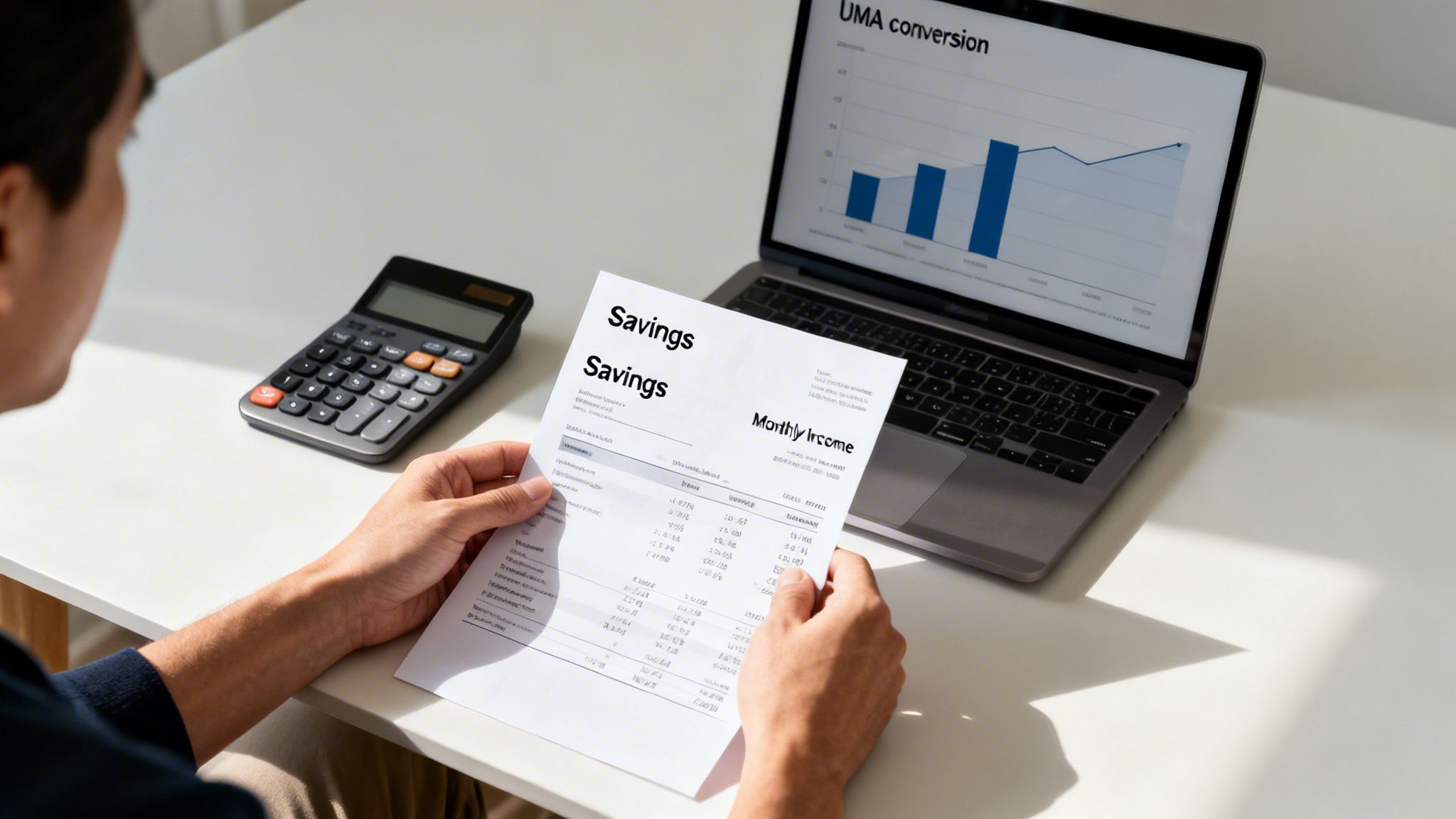 A person reviews financial documents titled 'Savings' and 'Monthly Income' with a calculator and laptop.