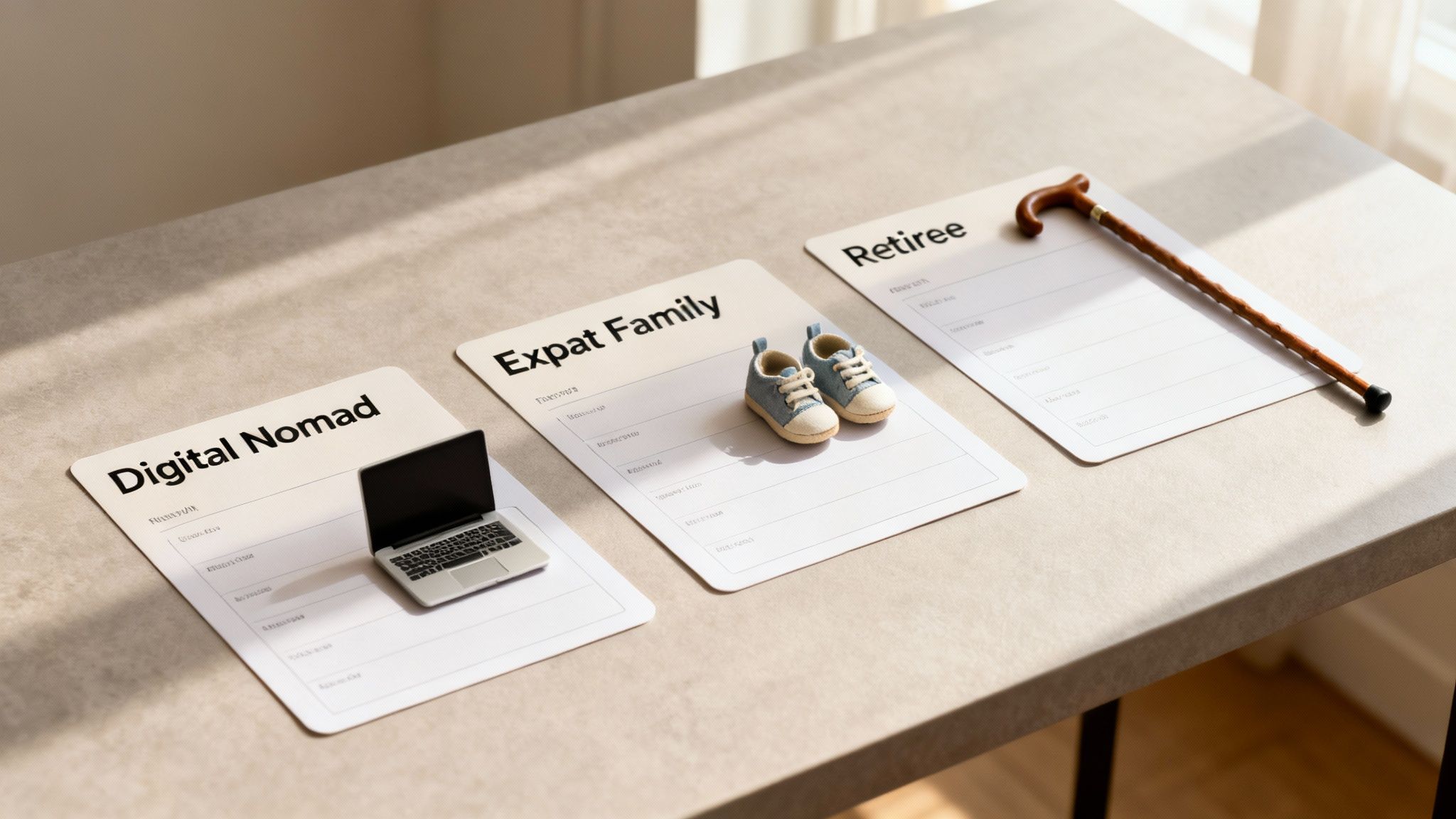 Three white cards representing Digital Nomad, Expat Family, and Retiree with symbolic items on a table.