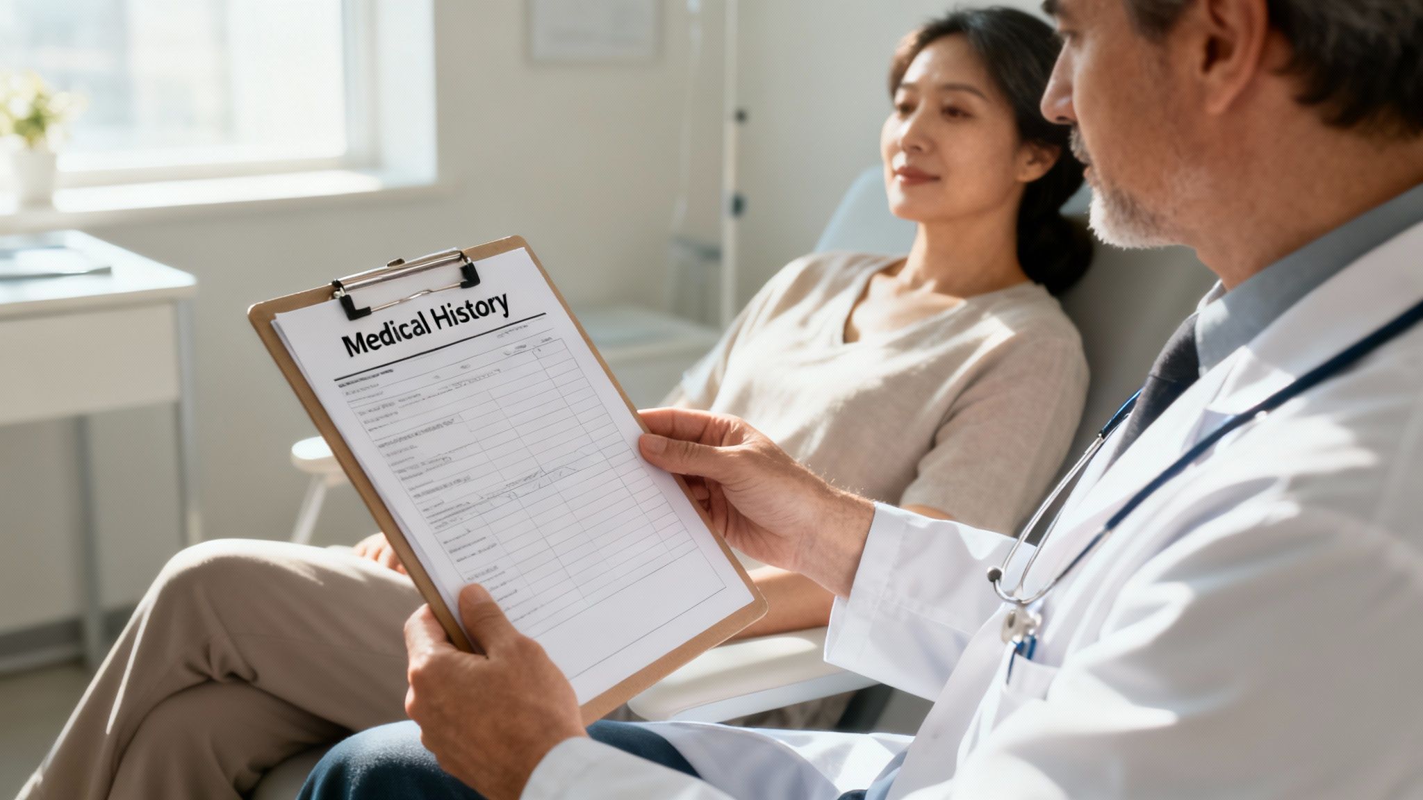 A doctor reviews medical history on a clipboard with a female patient during a consultation.