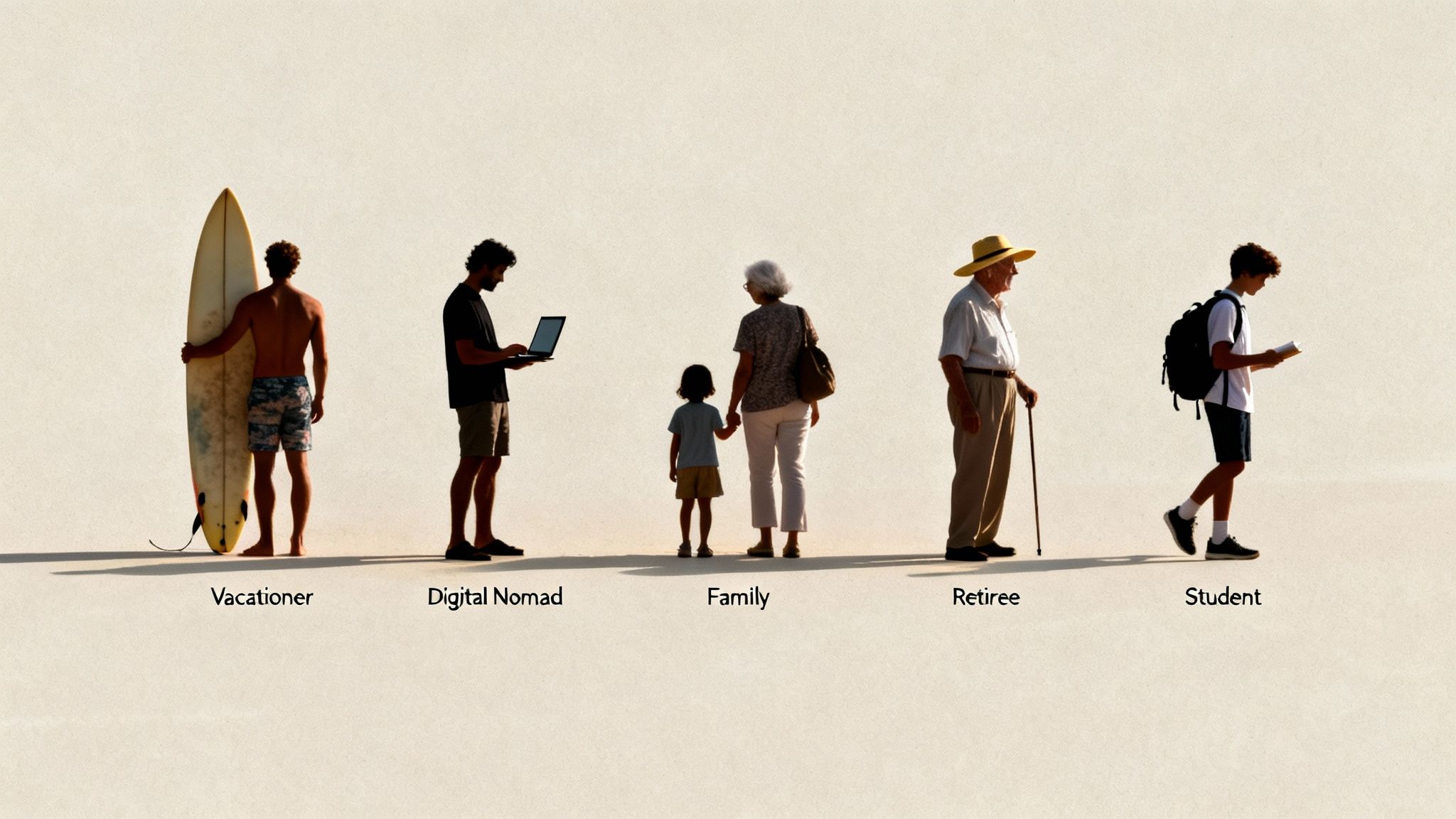 Diverse travelers: a surfer, digital nomad, family, retiree, and student, representing different travel segments.