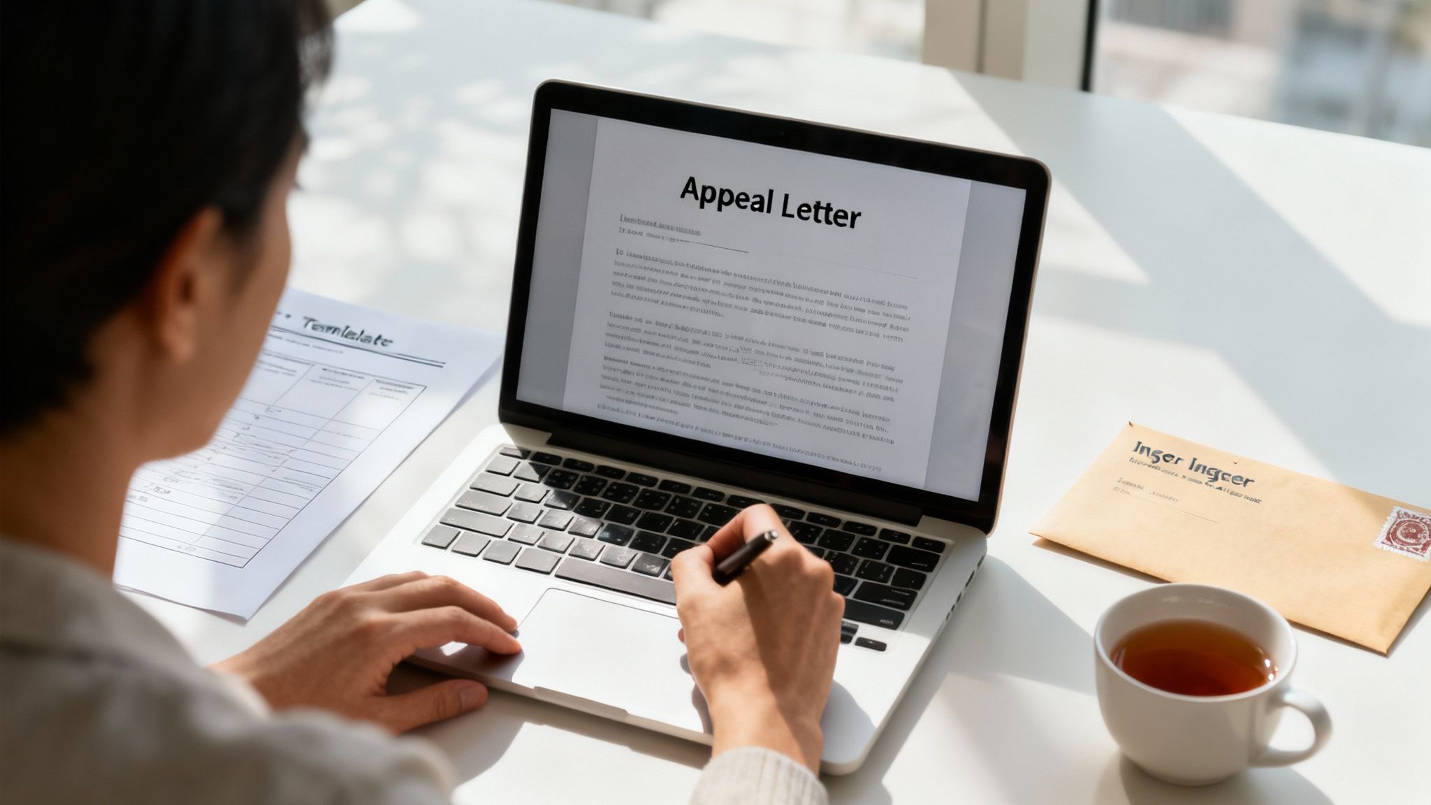 A person writes an appeal letter on a laptop, with a template and an envelope on the desk.