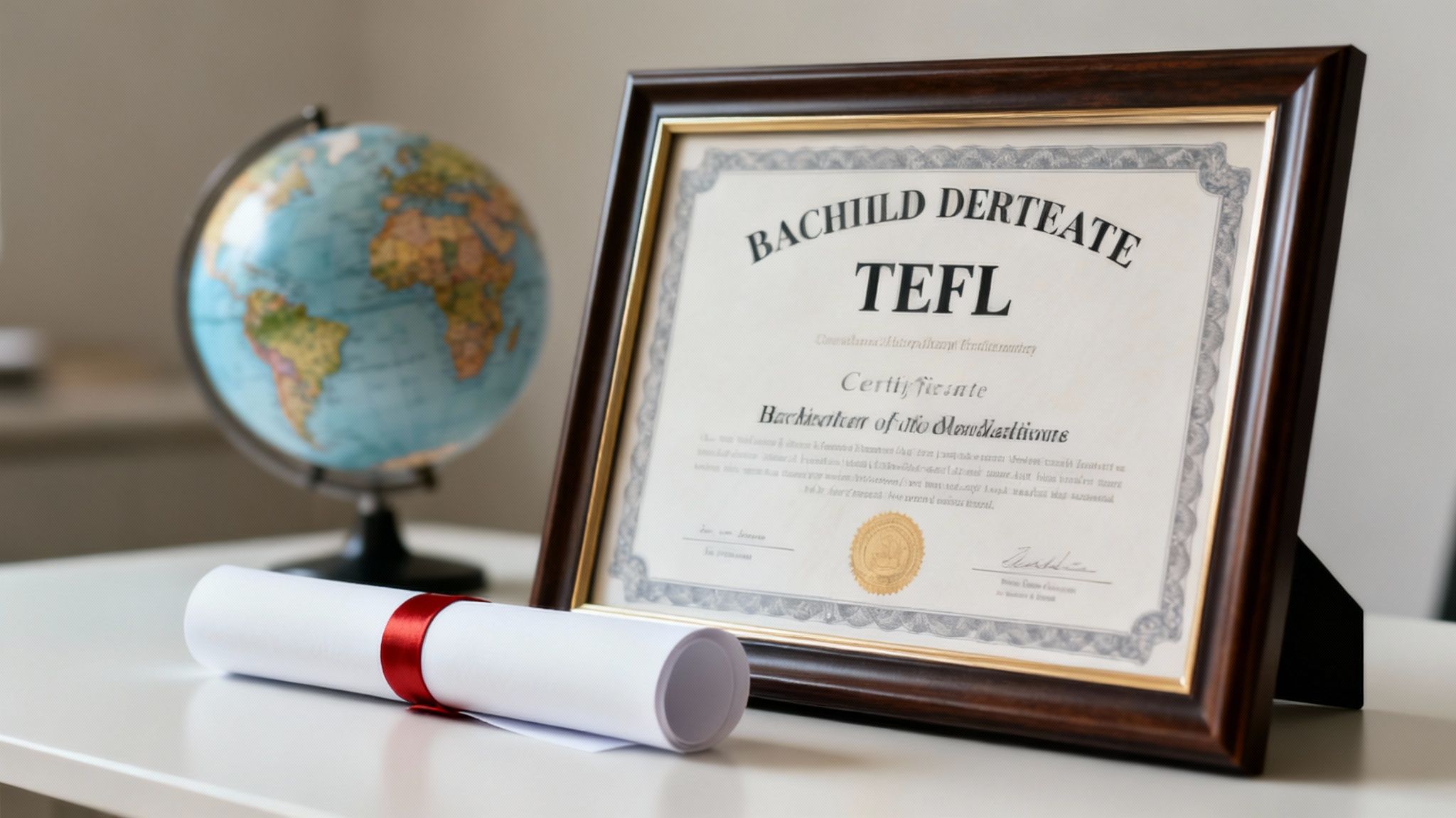 A framed TEFL certificate, a rolled diploma with a red ribbon, and a globe on a desk.