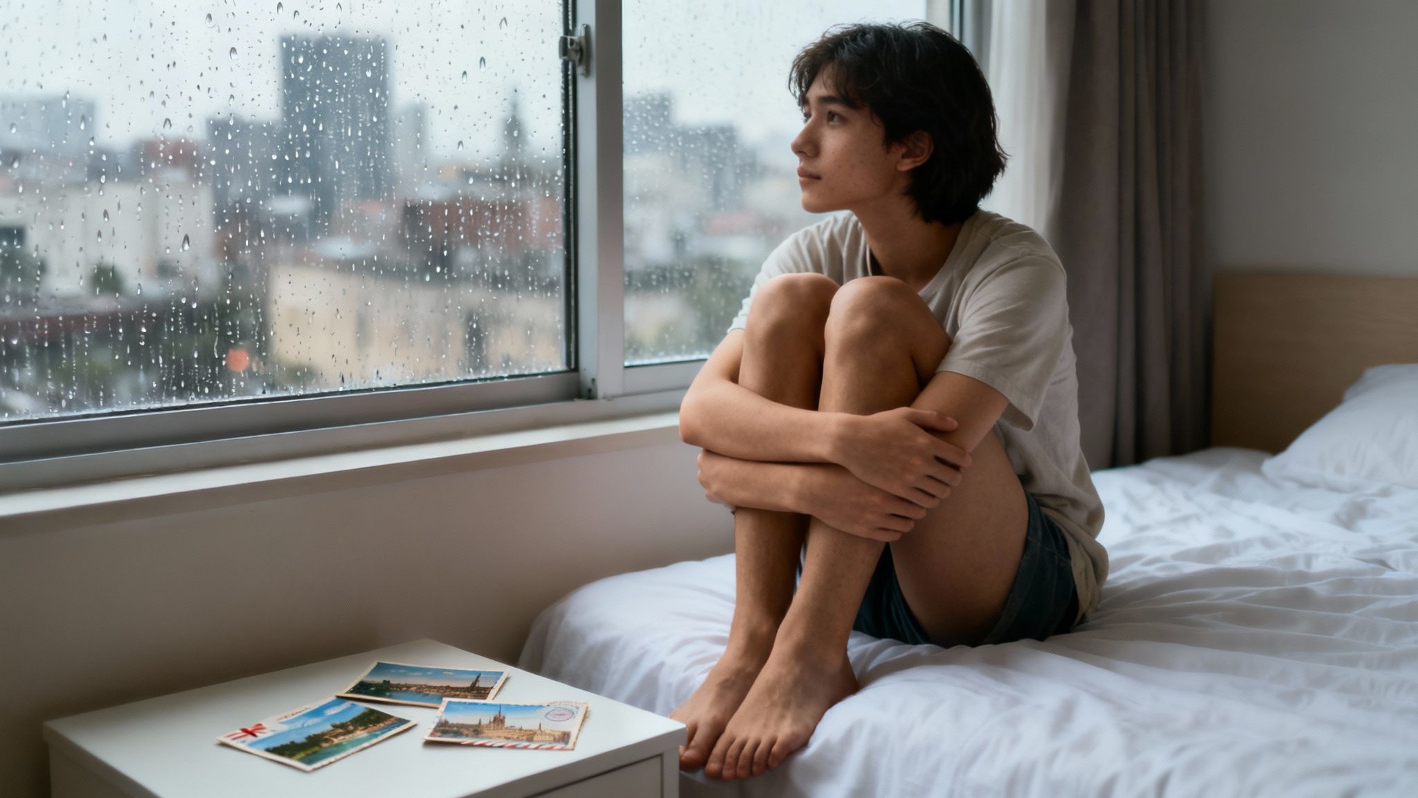 A young person sits on a bed by a window, looking out at a rainy city, appearing pensive.
