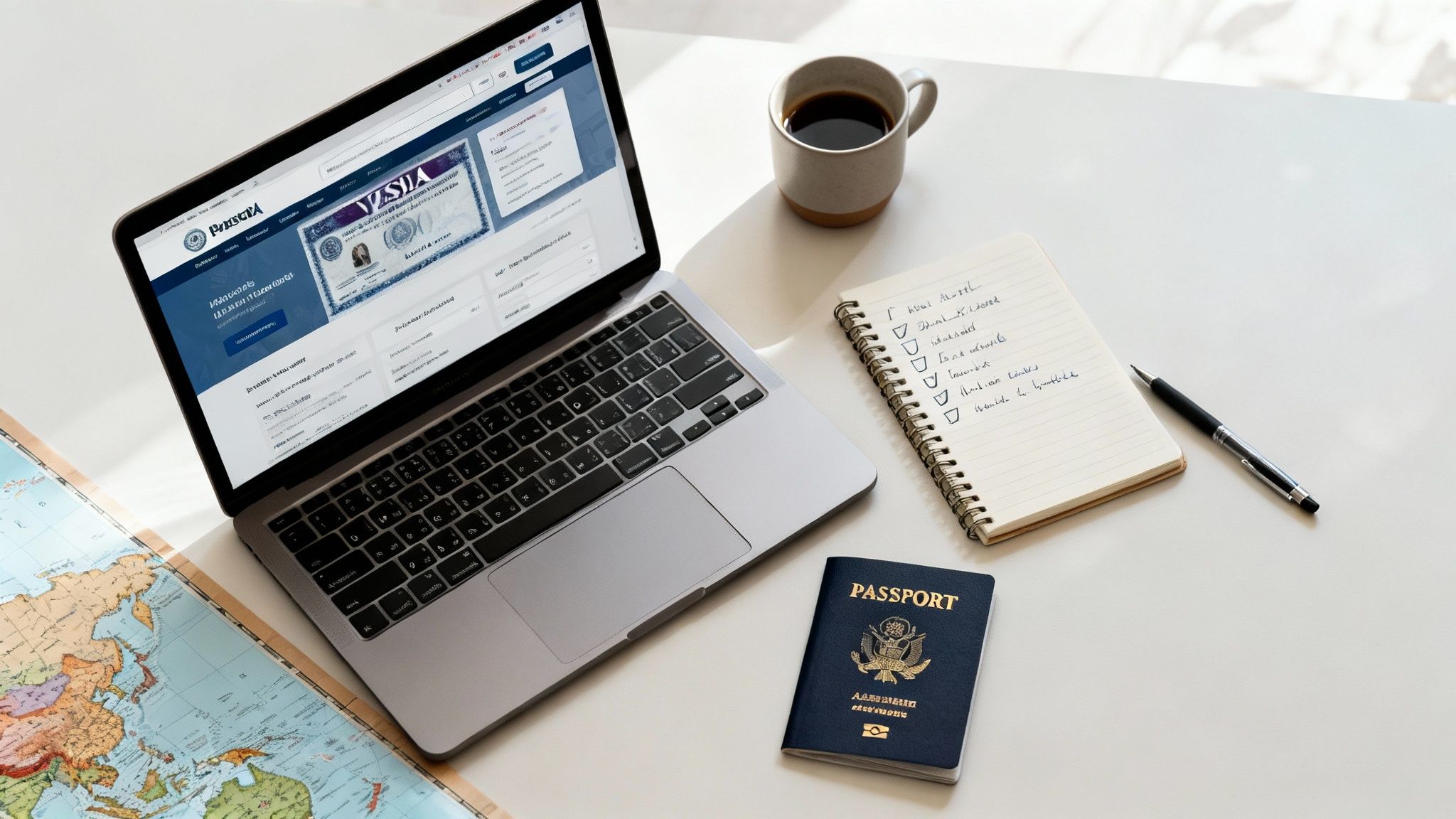 A laptop displaying a visa application, a US passport, a world map, and a travel checklist.