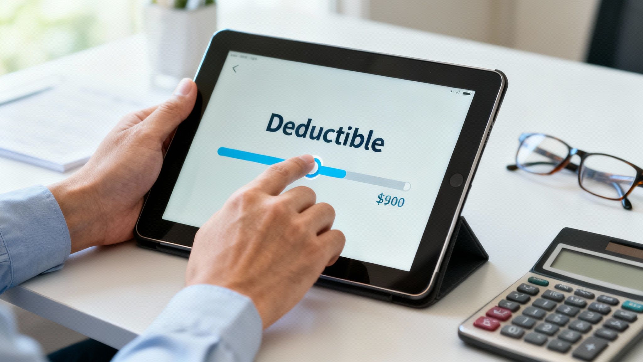 Hands adjust an insurance deductible slider to $900 on a tablet for financial planning.