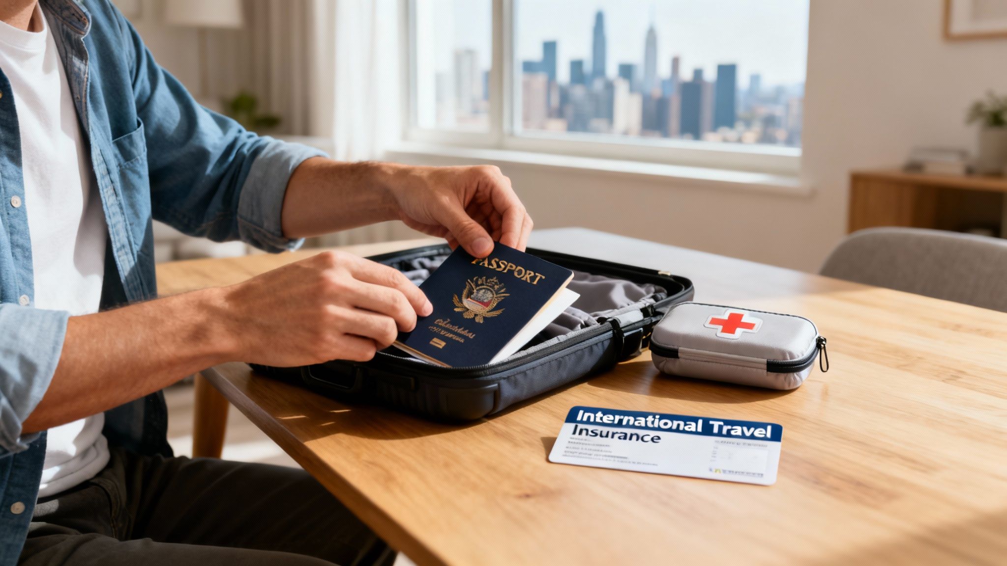 A person packing a US passport into a suitcase, with international travel insurance and a first aid kit nearby.