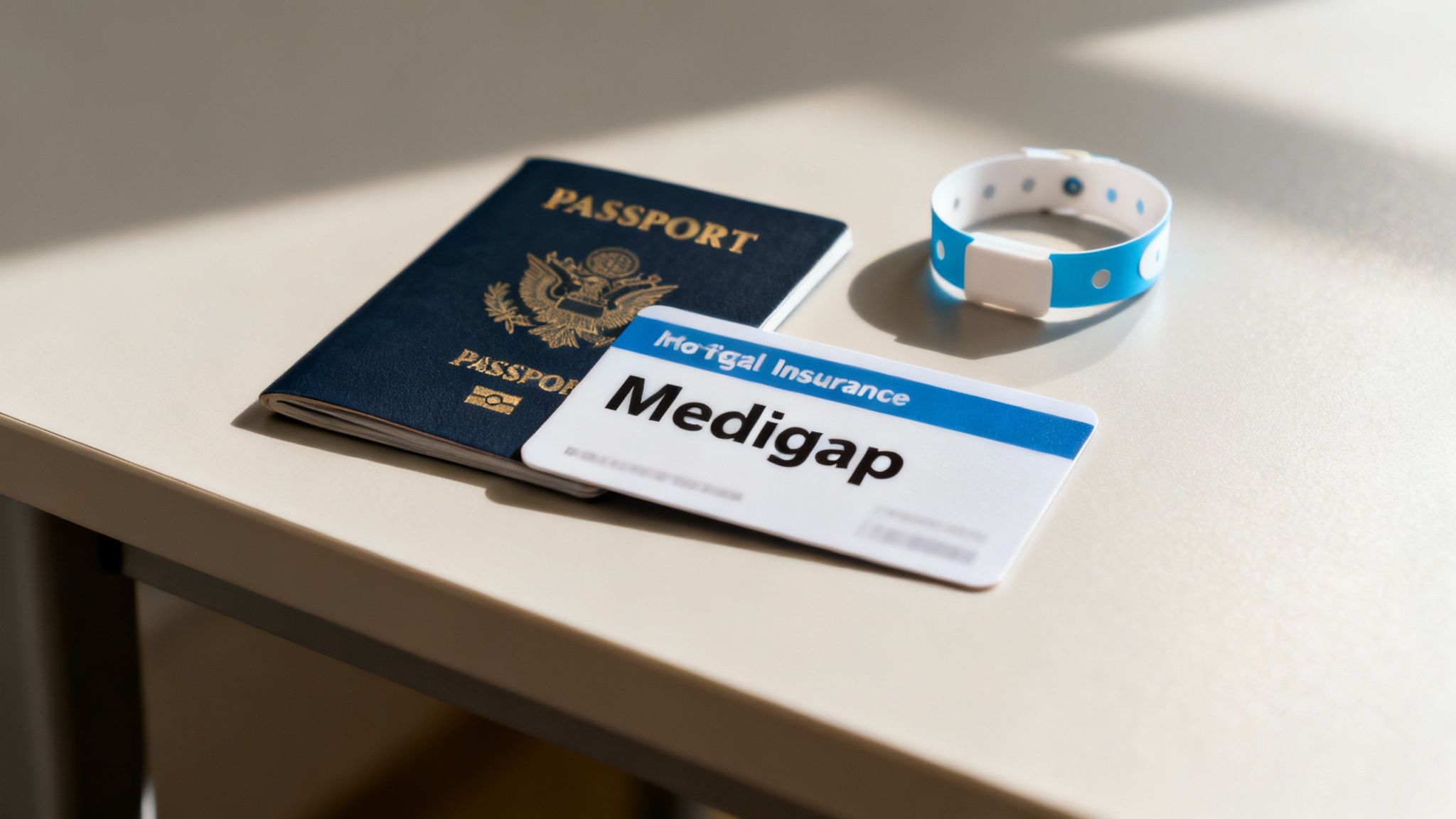 A traveler's essentials including a passport, map, and first-aid kit, symbolizing preparation.