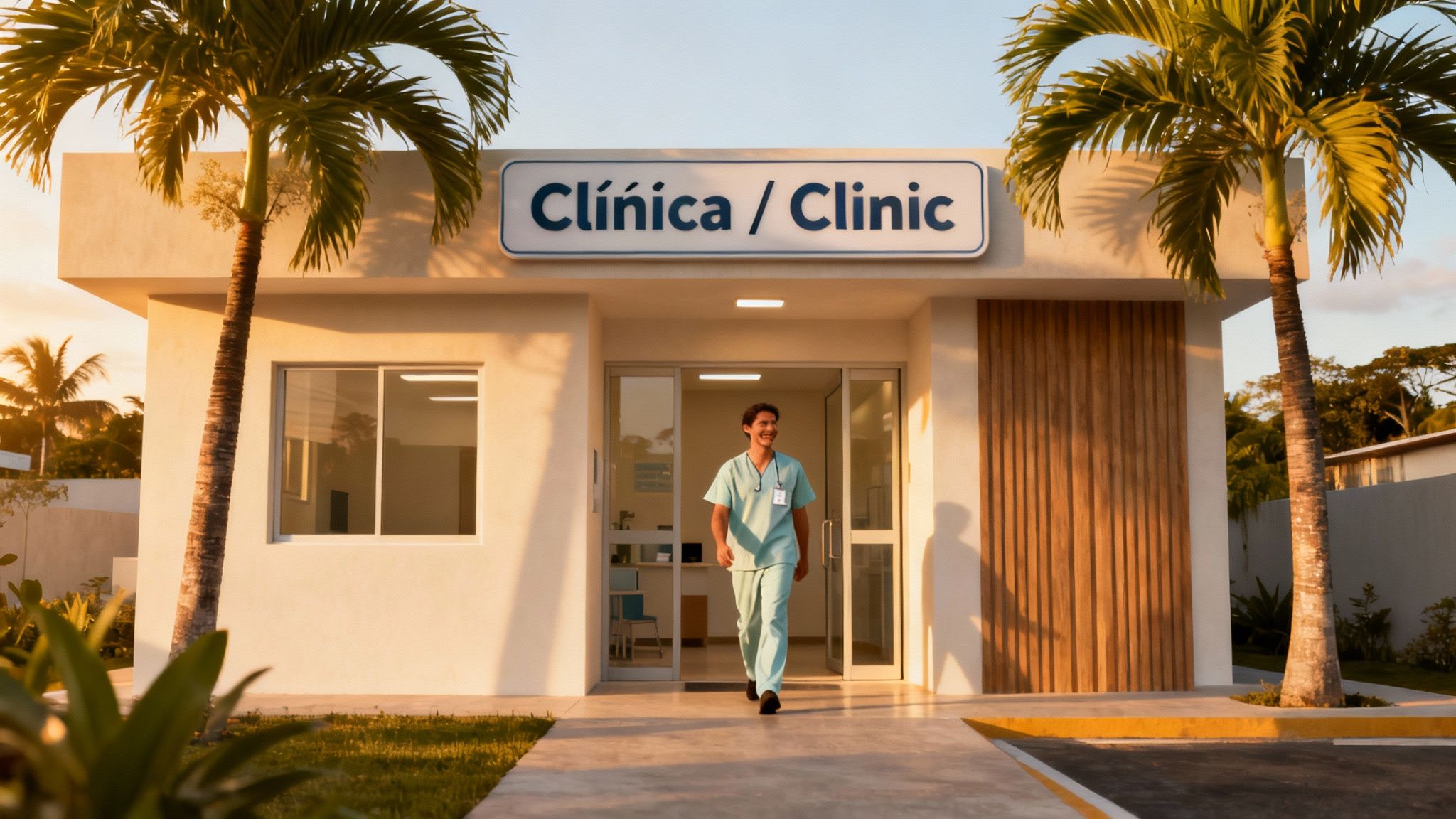 A smiling doctor in scrubs walks out of a modern clinic building with a 'Clínica / Clinic' sign, surrounded by palm trees.