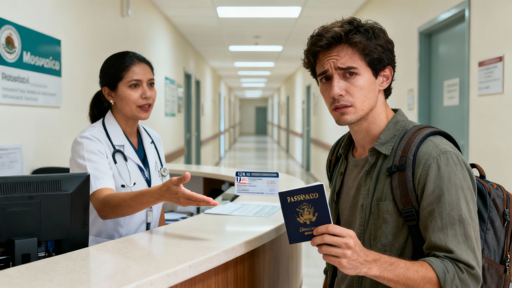 A male traveler holding a passport looks confused while talking to a female doctor at a hospital reception.