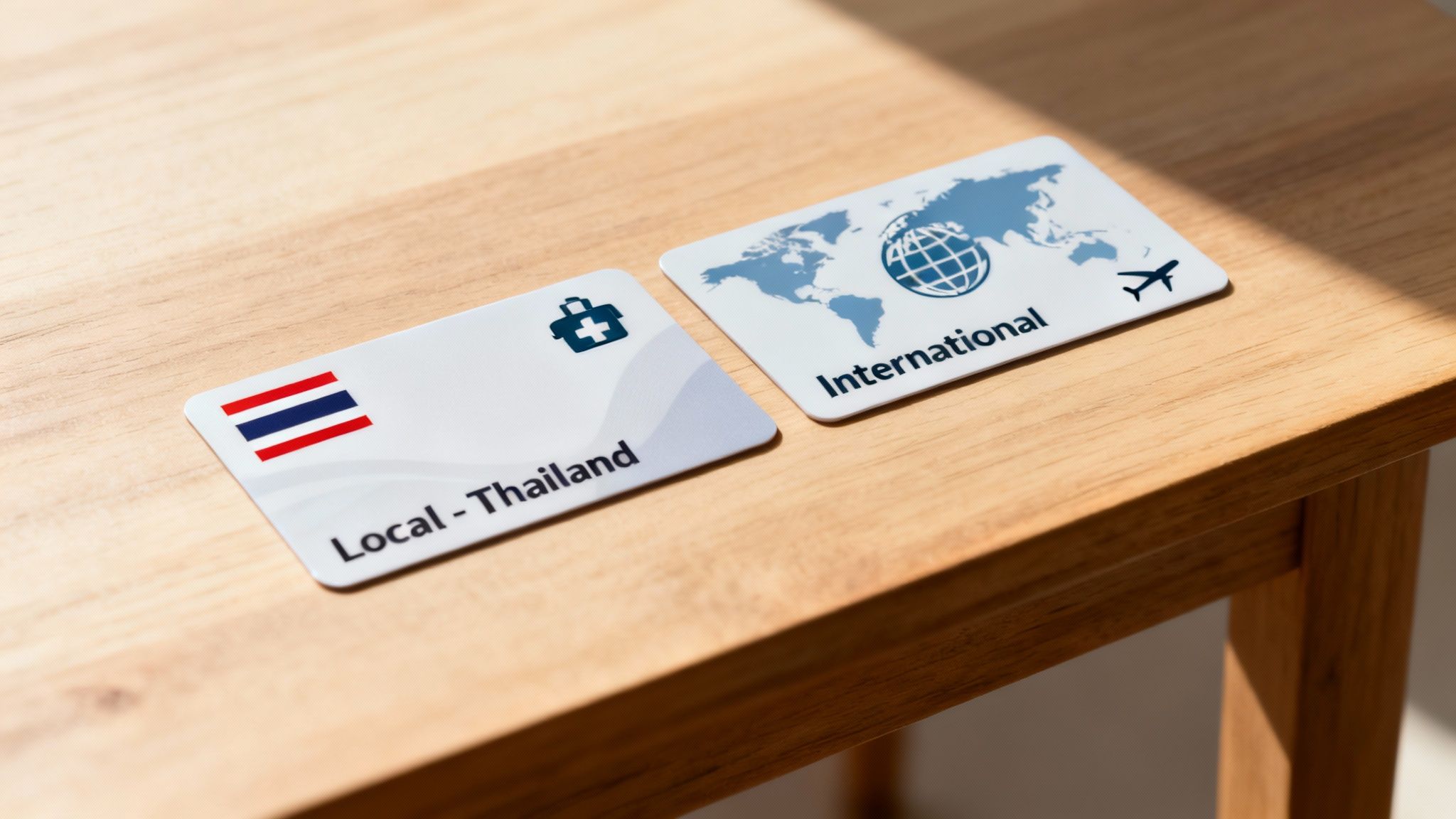 Two white cards on a wooden table: one for local Thailand medical and another for international travel.