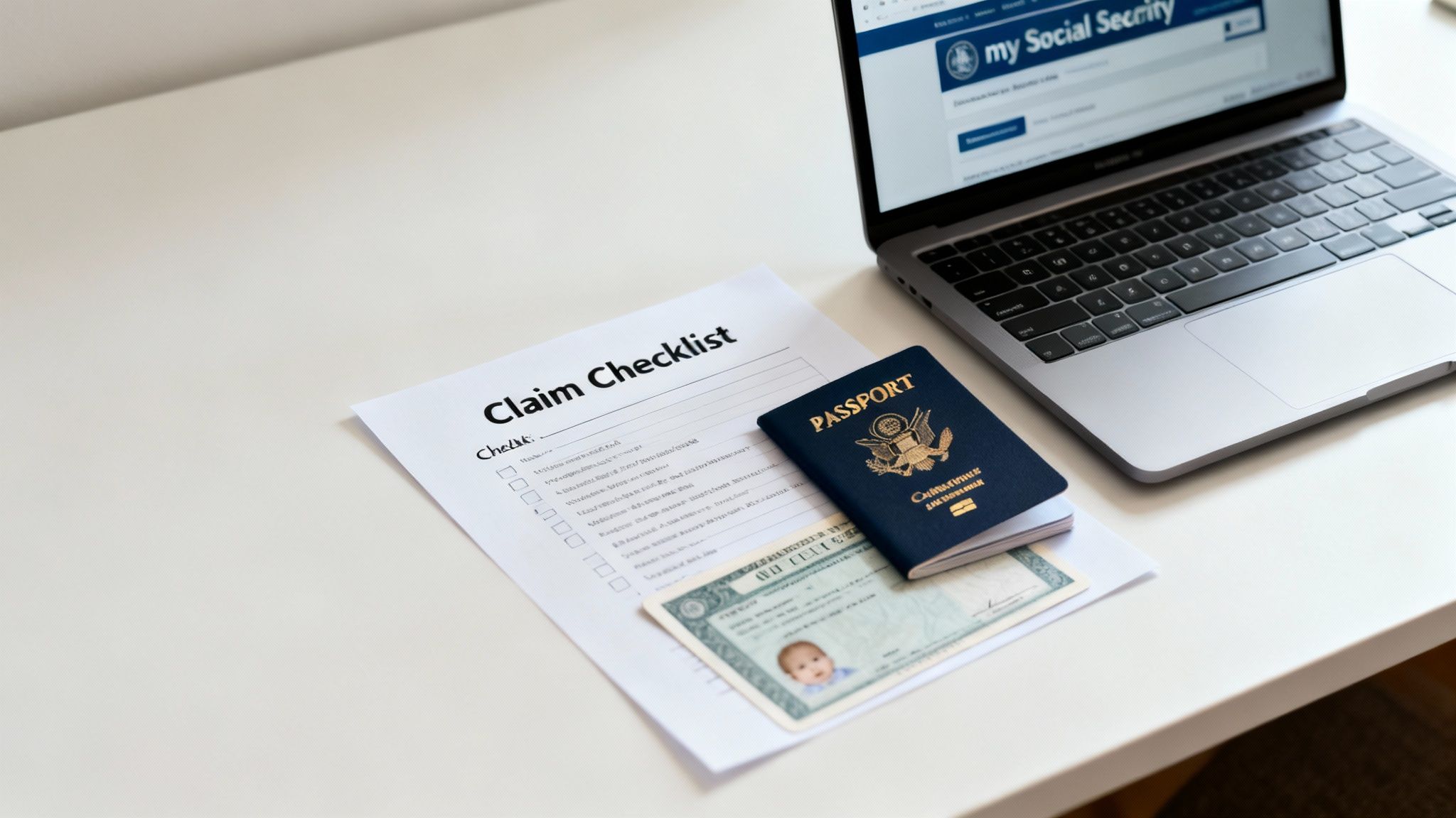 A claim checklist, US passport, and birth certificate on a desk next to a laptop displaying 'my Social Security' website.