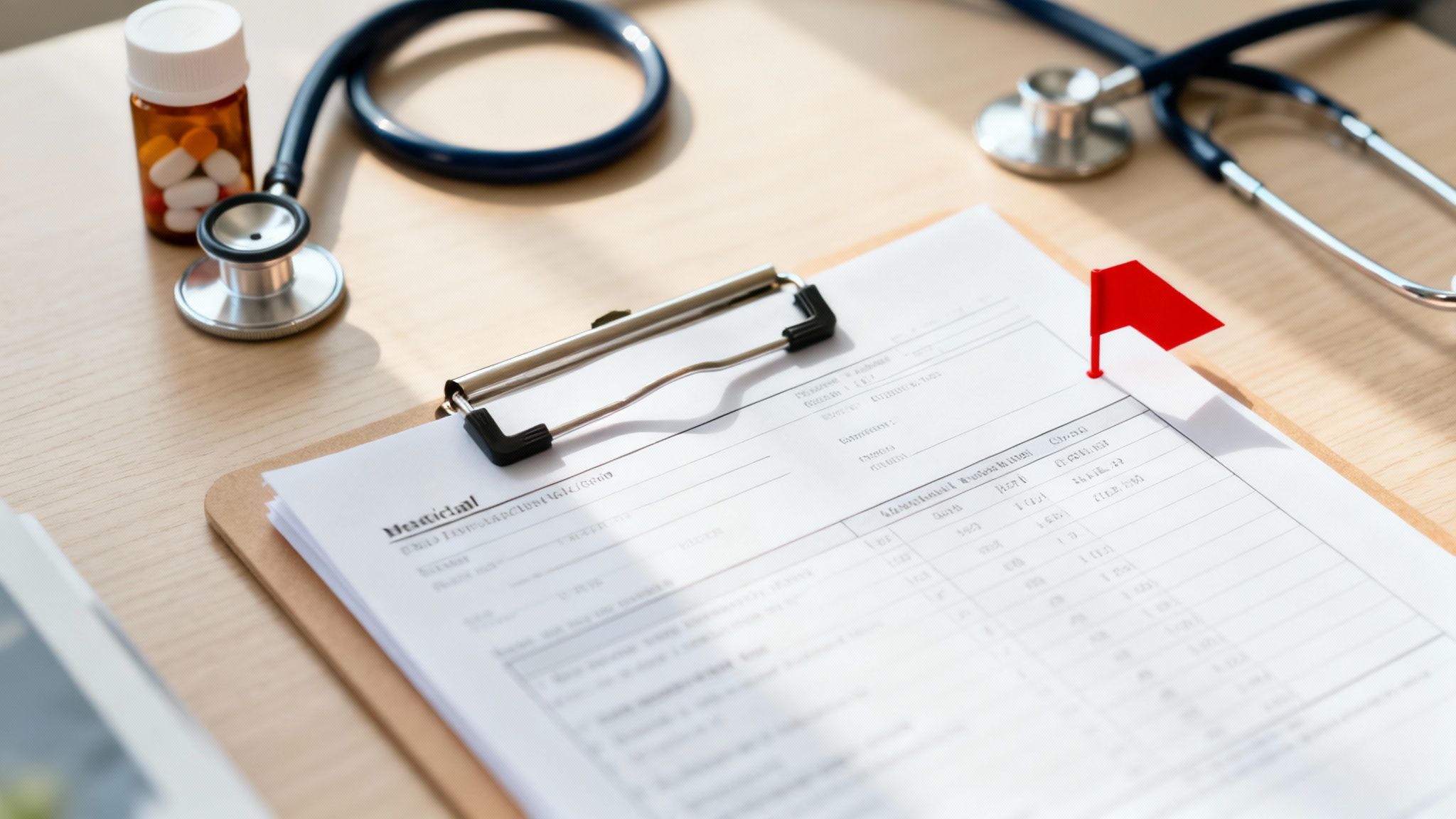 A medical stethoscope, a bottle of pills, and a form with a red flag on a wooden desk.