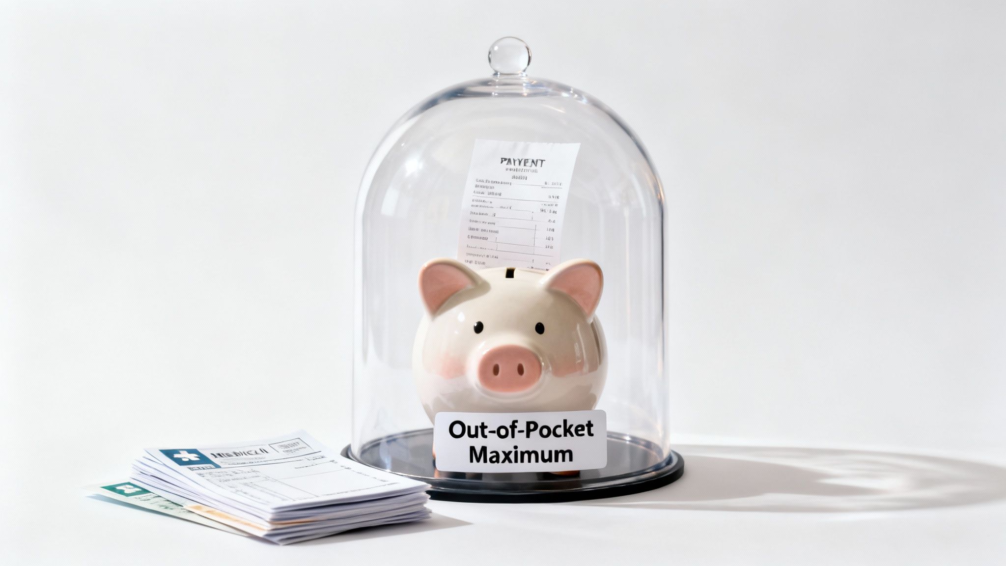 A piggy bank under a glass dome labeled 'Out-of-Pocket Maximum' with medical bills, representing health insurance costs.
