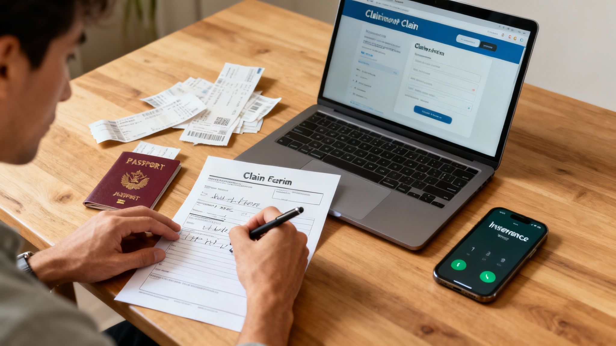 A person sitting at a desk, carefully reviewing insurance documents and receipts, symbolizing the claims process.