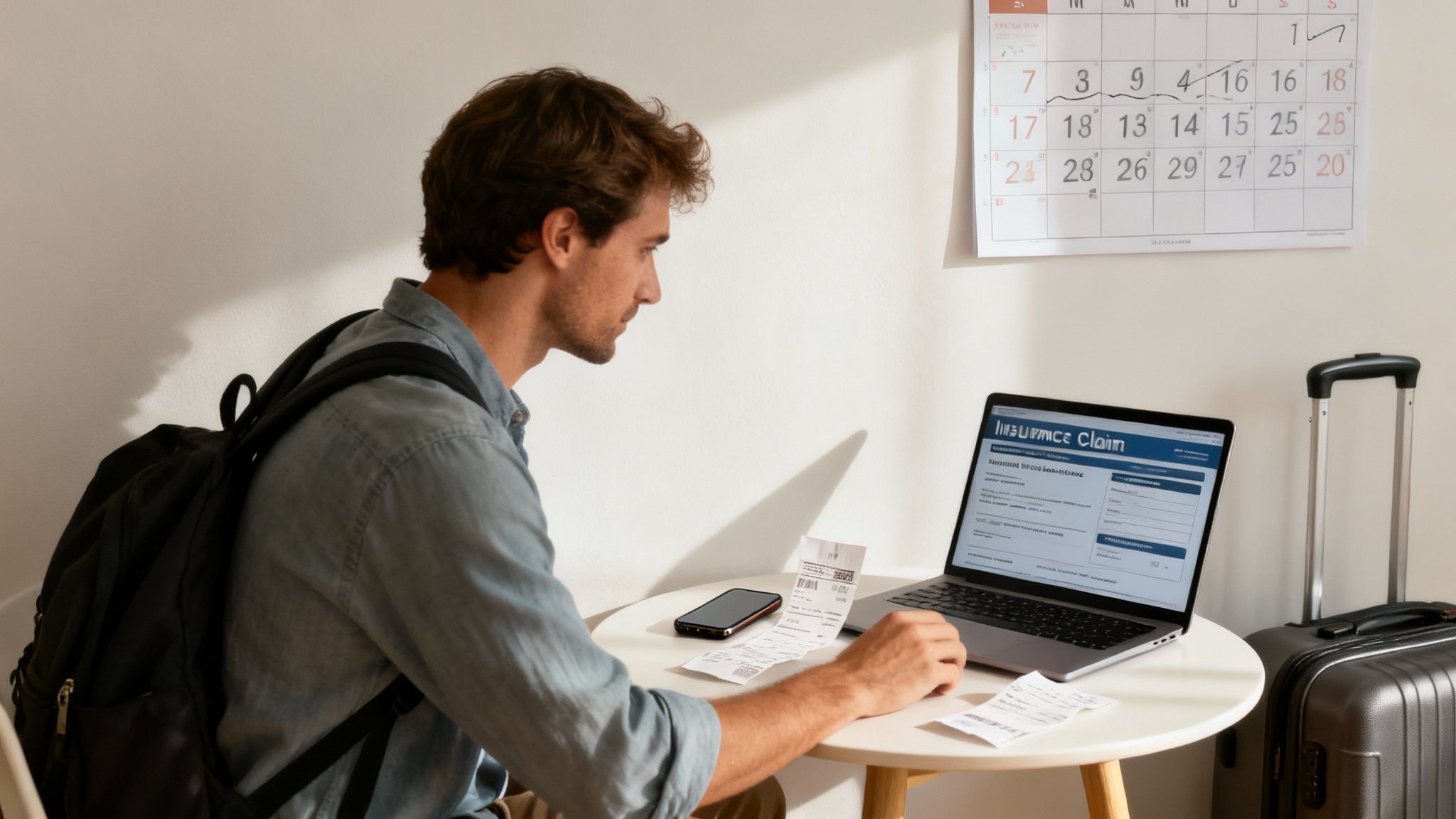 A man with a backpack files an insurance claim on a laptop, with travel receipts and a suitcase.