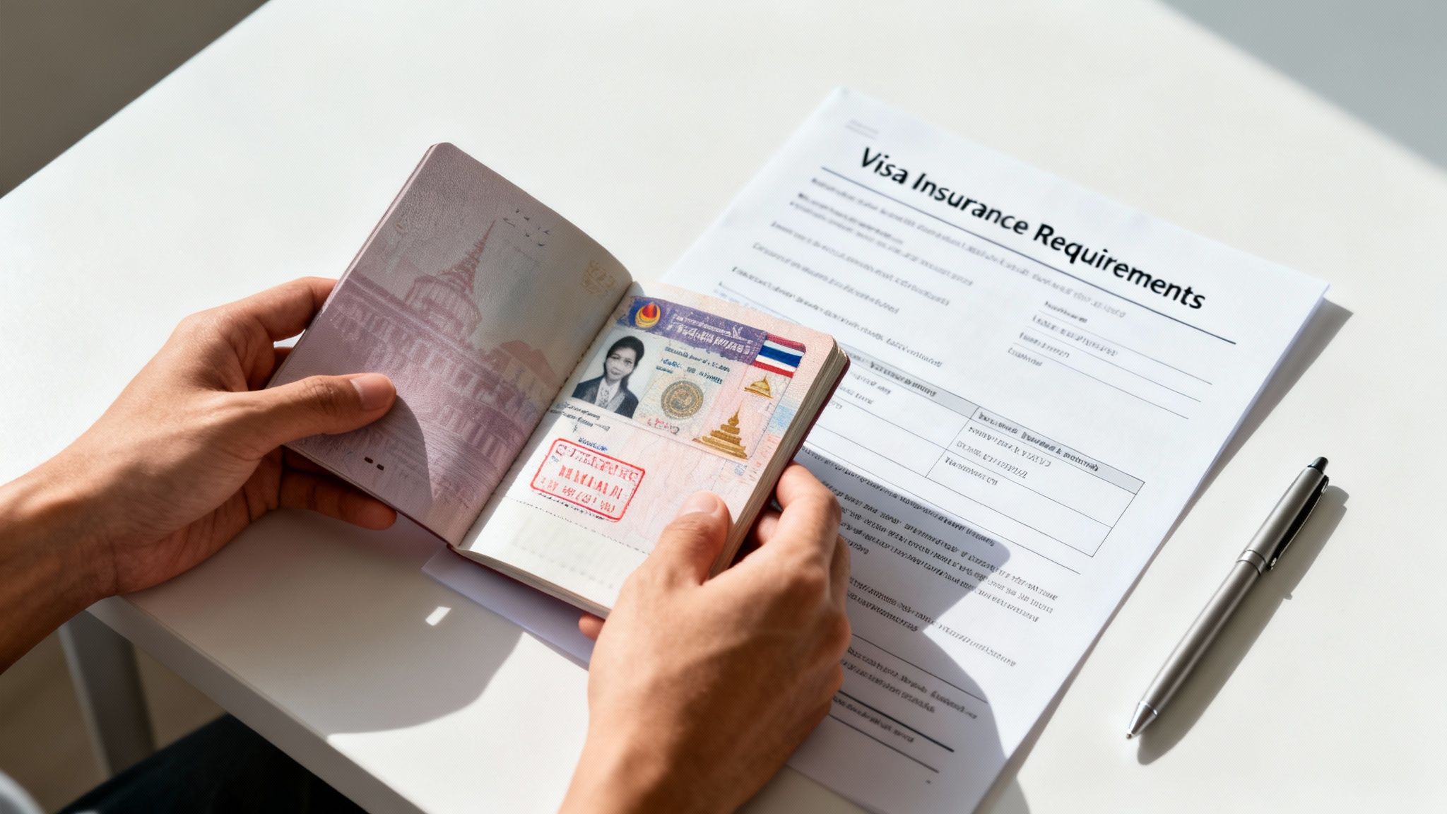 Hands holding an open Thai passport with a visa stamp, next to a 'Visa Insurance Requirements' document.