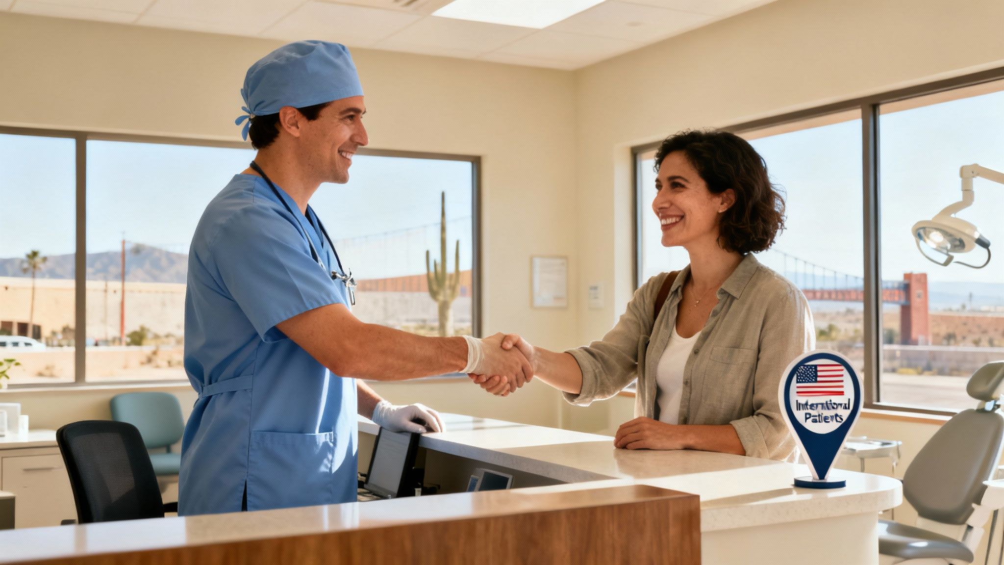 A male medical professional shakes hands with a smiling female patient at an international clinic.