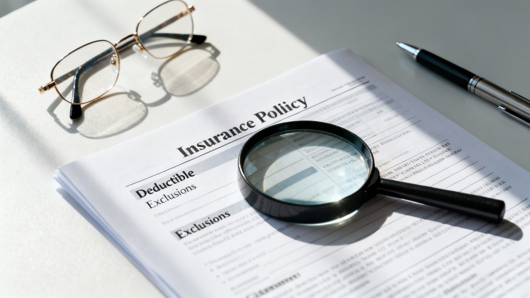 A magnifying glass rests on an insurance policy document, with glasses and a pen nearby.