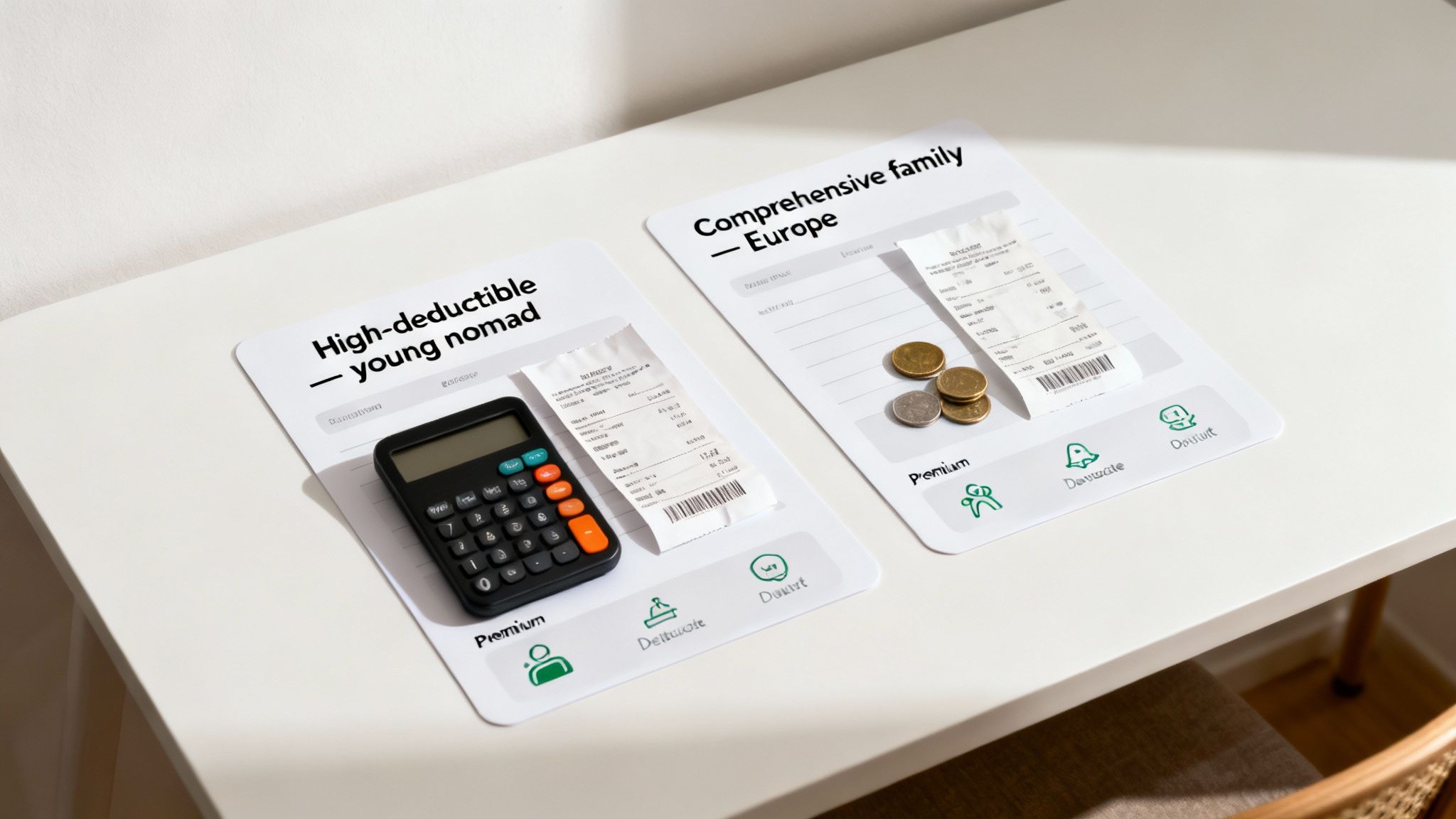 A person using a calculator with documents, representing the financial analysis of health insurance plans.