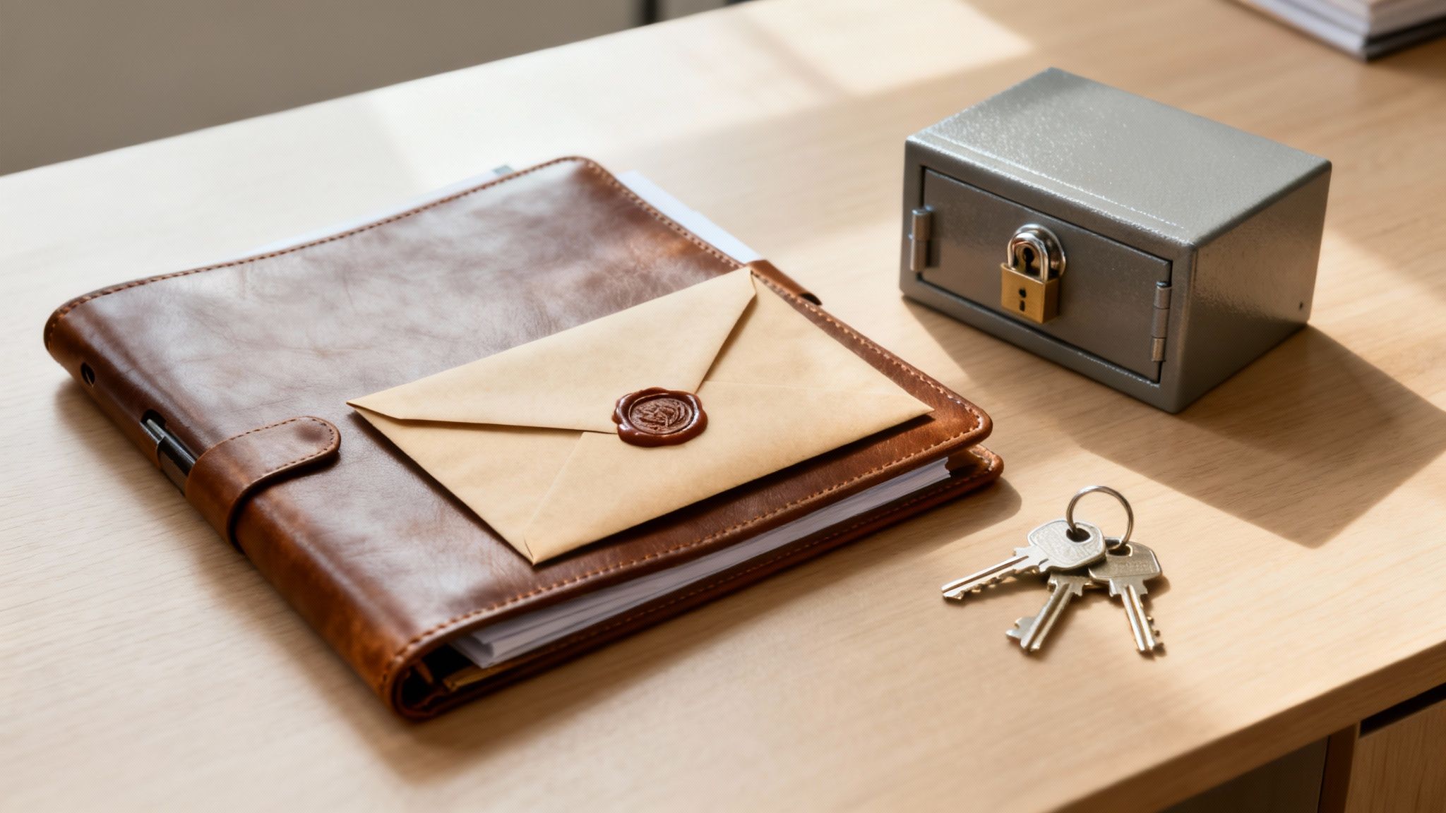 A desk with a brown leather binder, a sealed envelope, a safe, padlock, and keys.