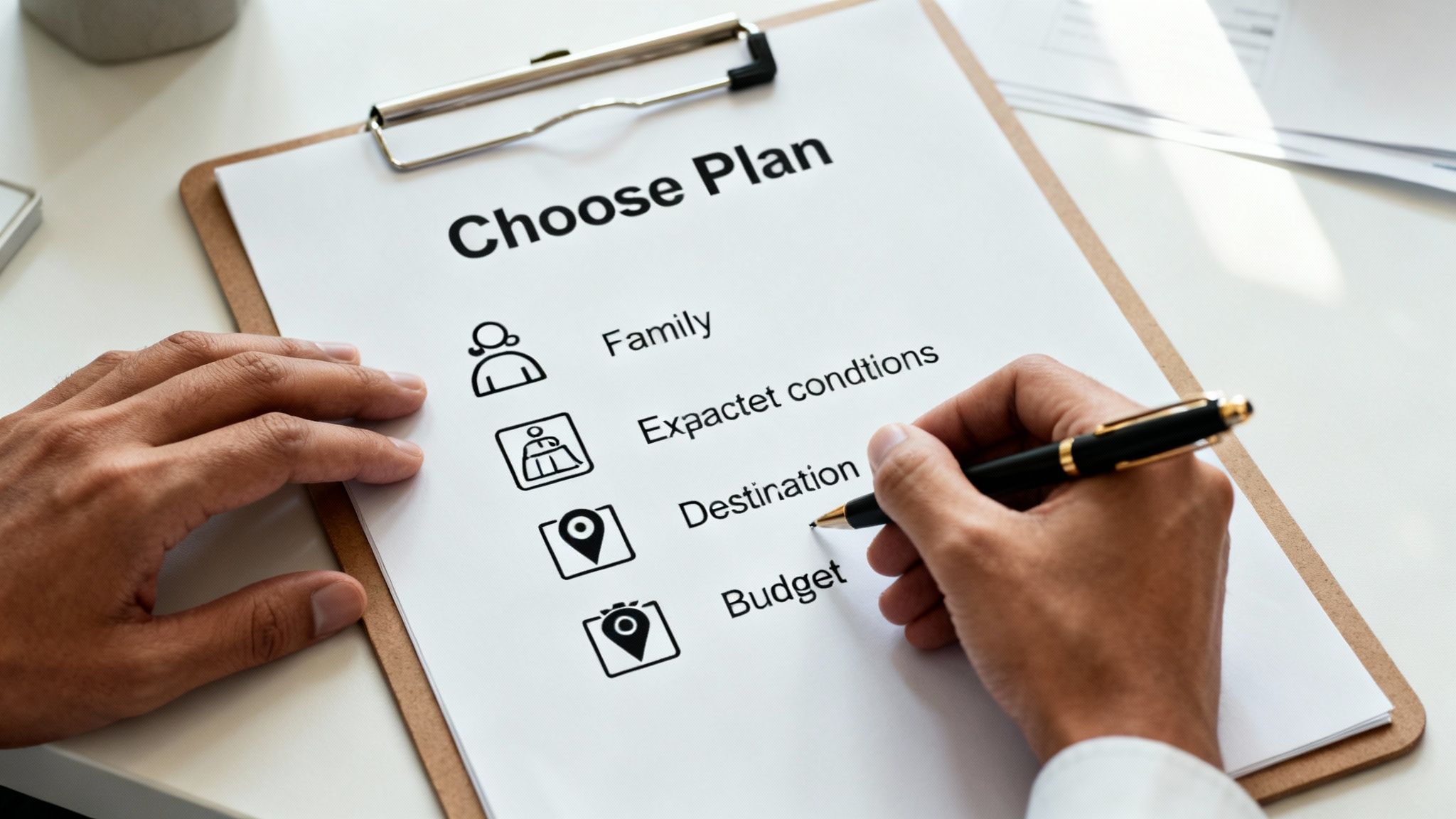 A person's hand writes on a clipboard with a "Choose Plan" checklist, next to "Budget".