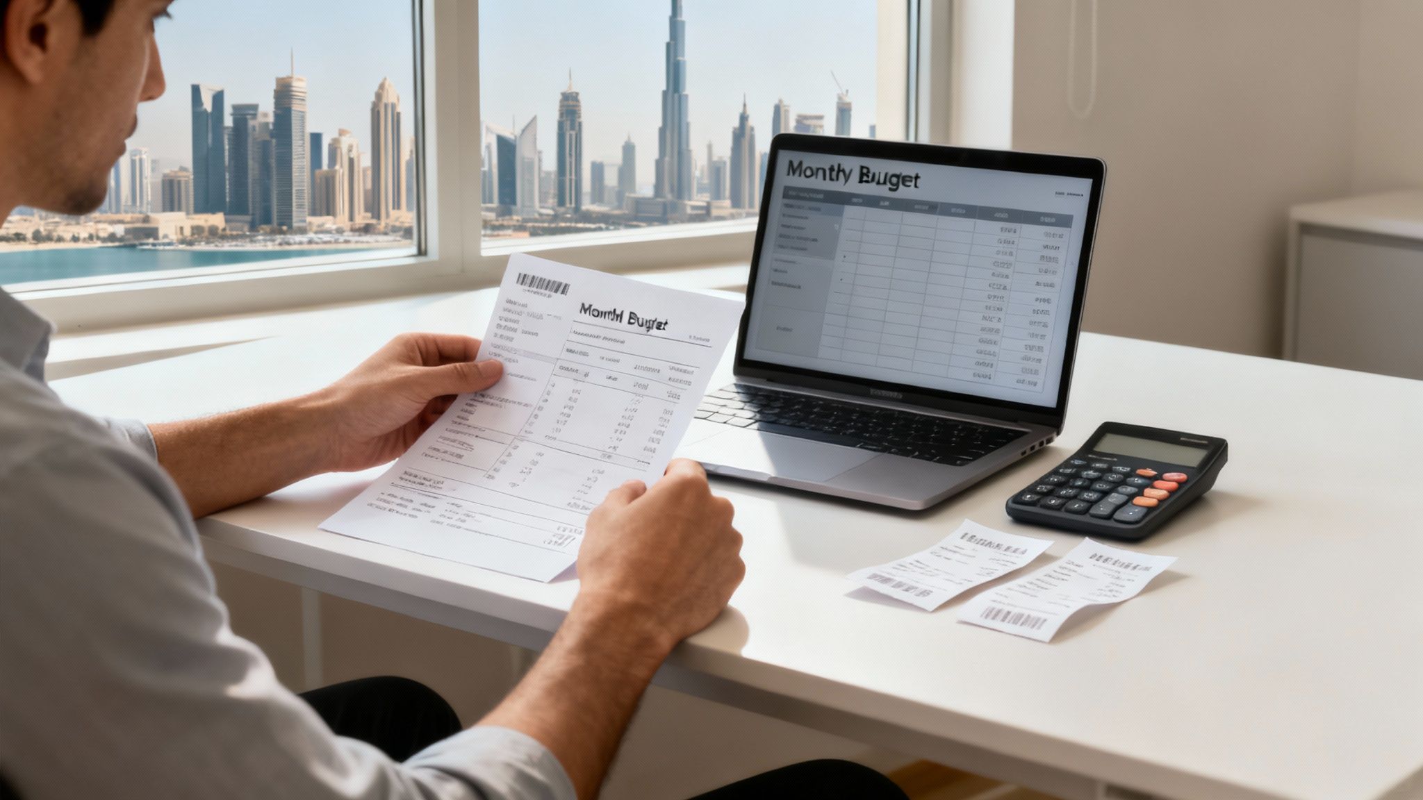 Professional reviewing monthly budget documents with laptop and calculator in Dubai office