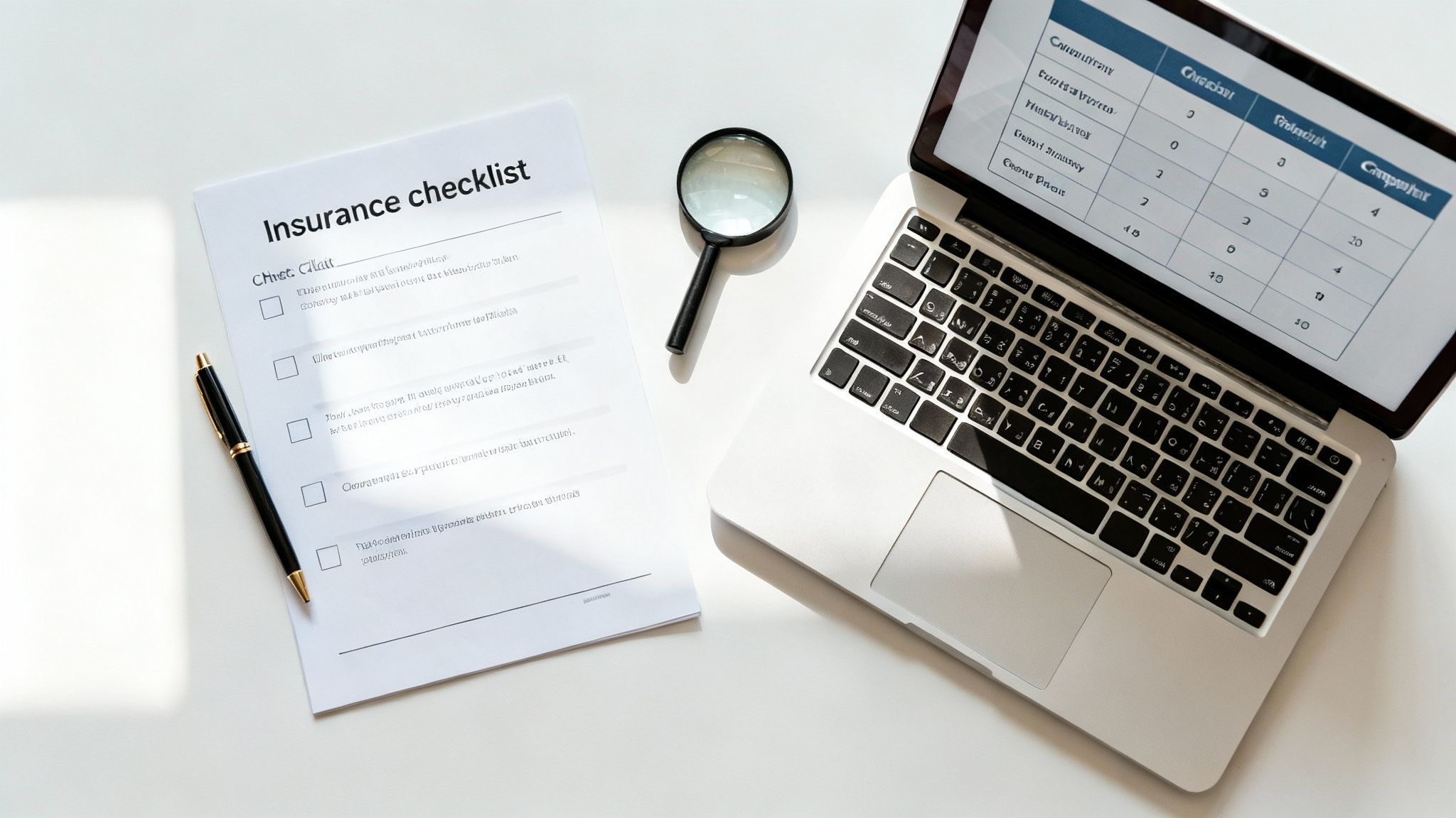 A white desk with an insurance checklist document, a pen, a magnifying glass, and a laptop displaying a table.