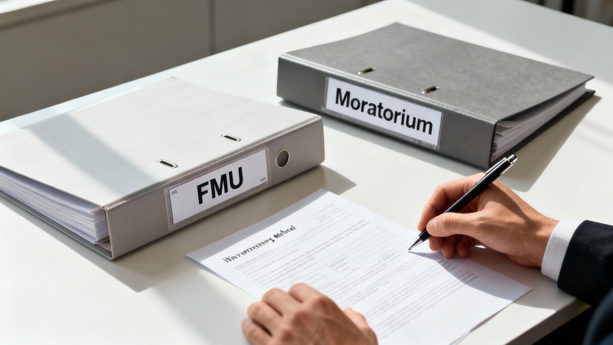 A person signs a document at a desk with two binders labeled 'FMU' and 'Moratorium'.