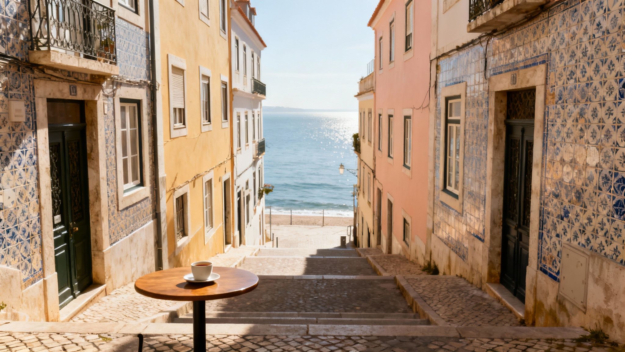 A charming tiled street descends towards a sunny beach and the sparkling ocean, with a coffee cup on a foreground table.