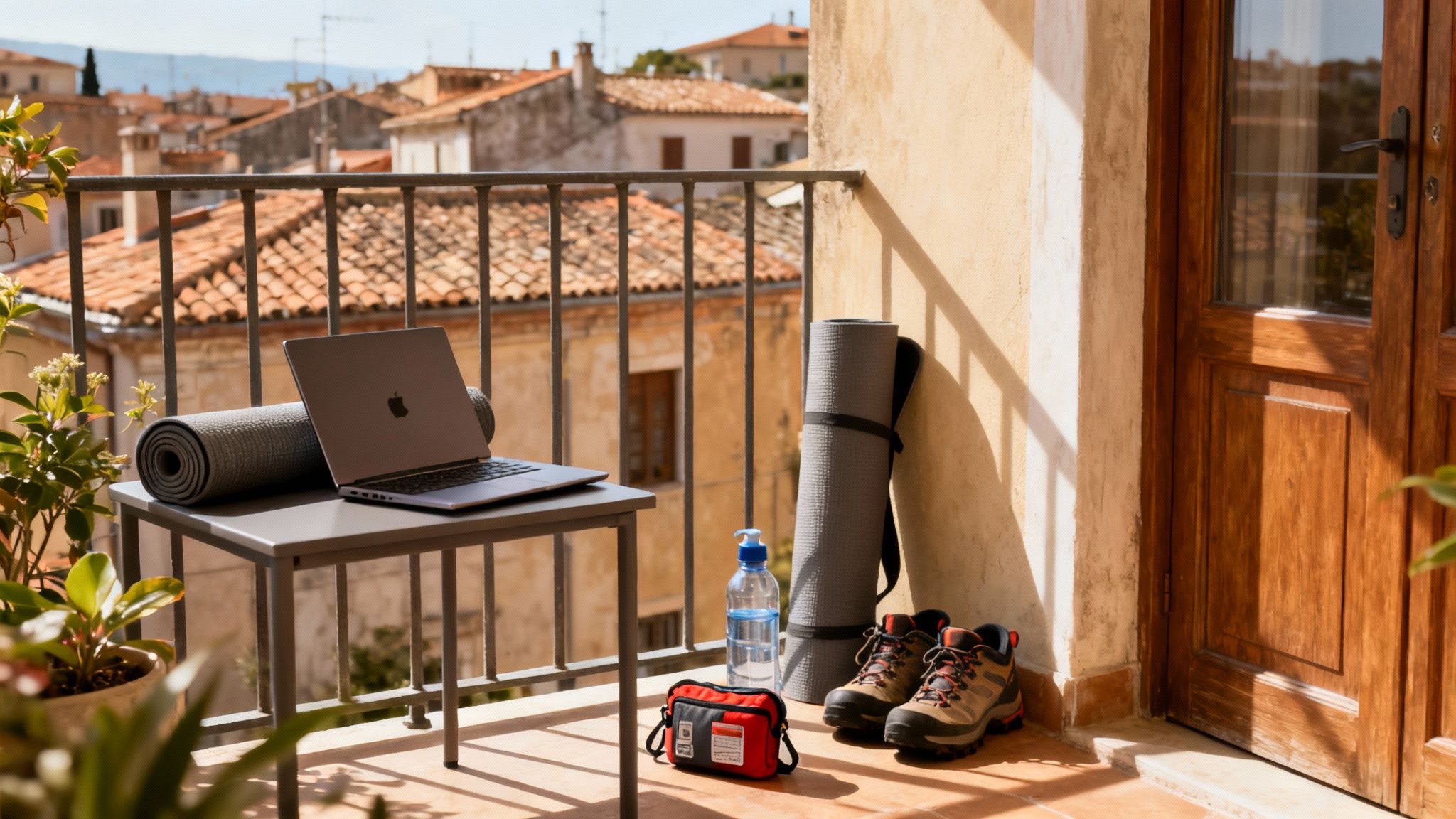 A laptop and yoga mat on a balcony table, with hiking boots and another mat nearby, overlooking a scenic town.