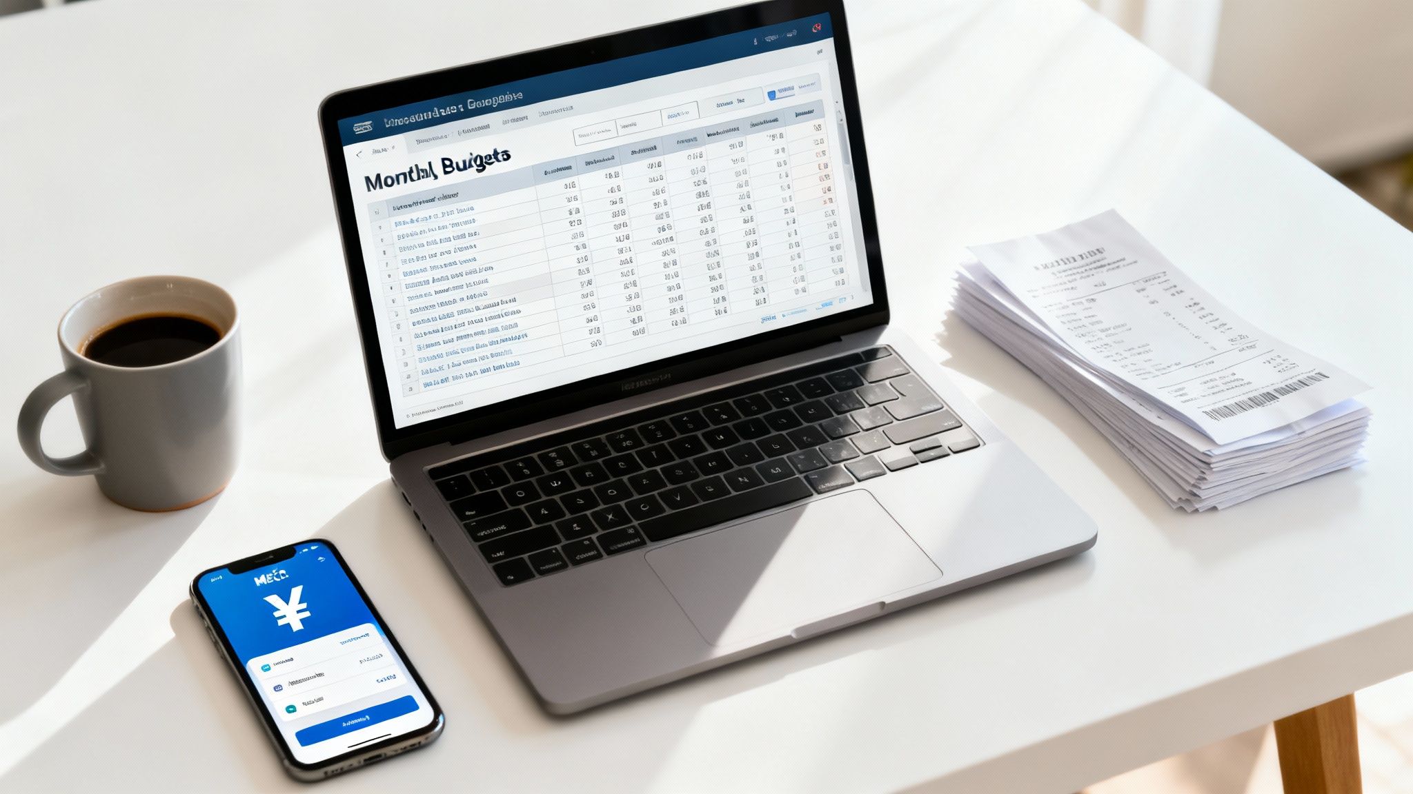 Laptop displaying monthly budget spreadsheet with smartphone, coffee, and receipts on white desk