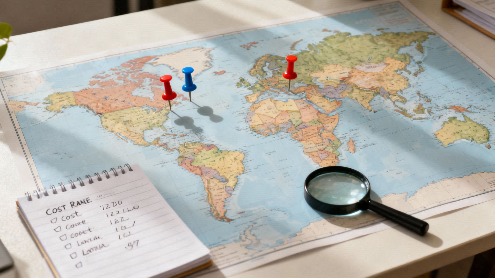 A world map on a table with colorful pushpins marking locations, a magnifying glass, and a notebook listing costs.