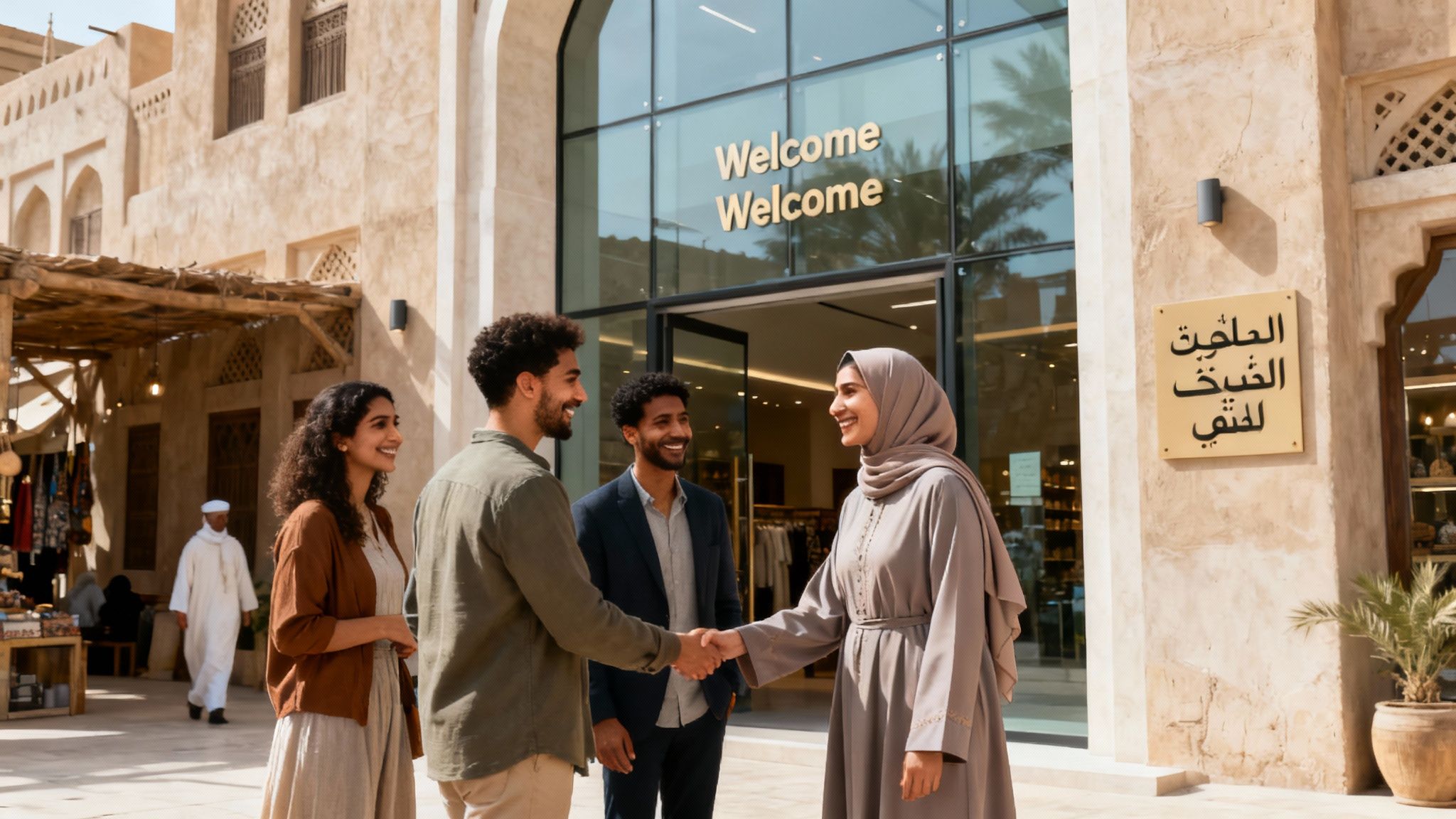 Four young professionals greeting and shaking hands at modern Dubai shopping mall entrance