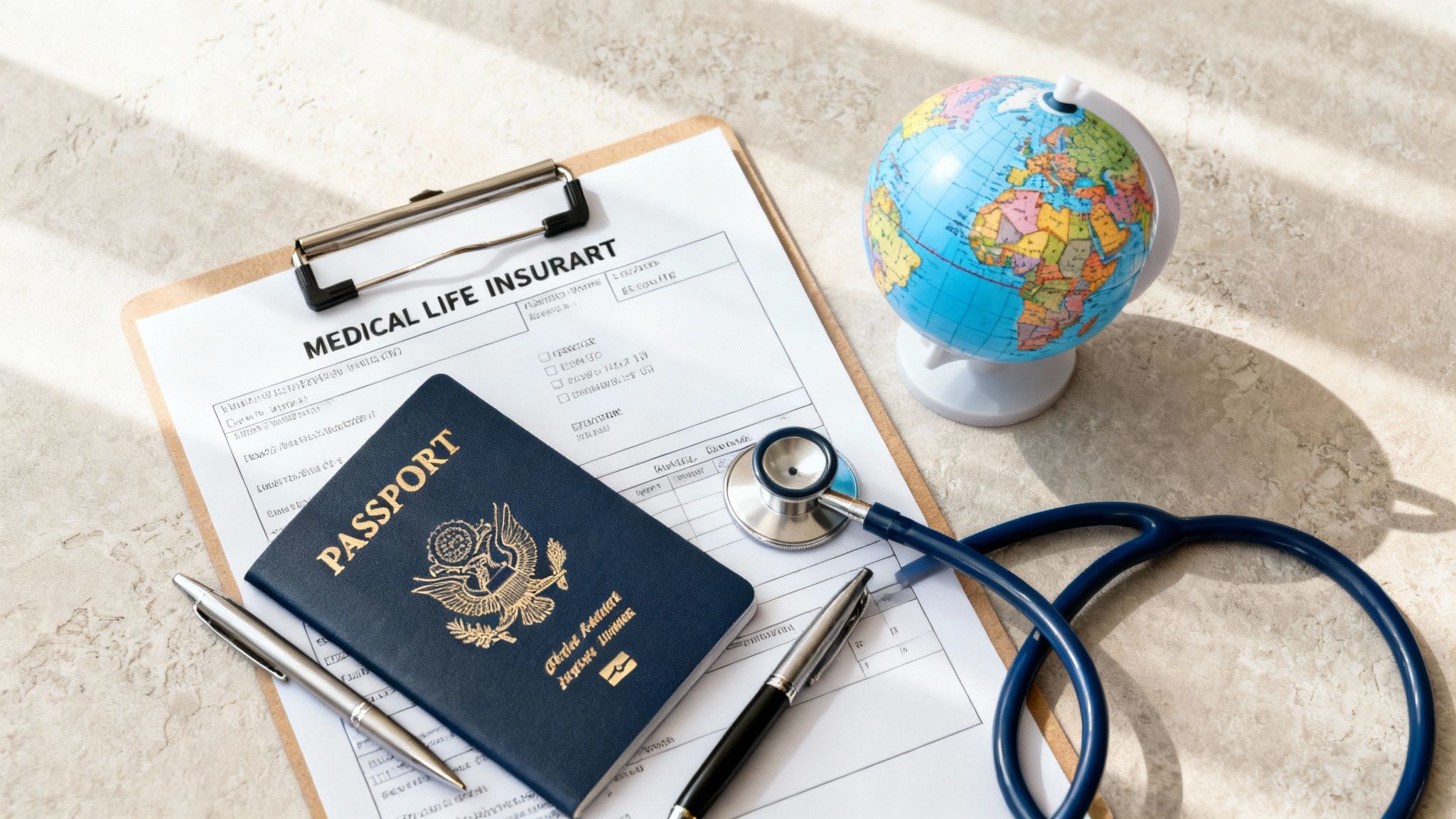 A US passport, medical life insurance form, stethoscope, pen, and globe, symbolizing international health travel.
