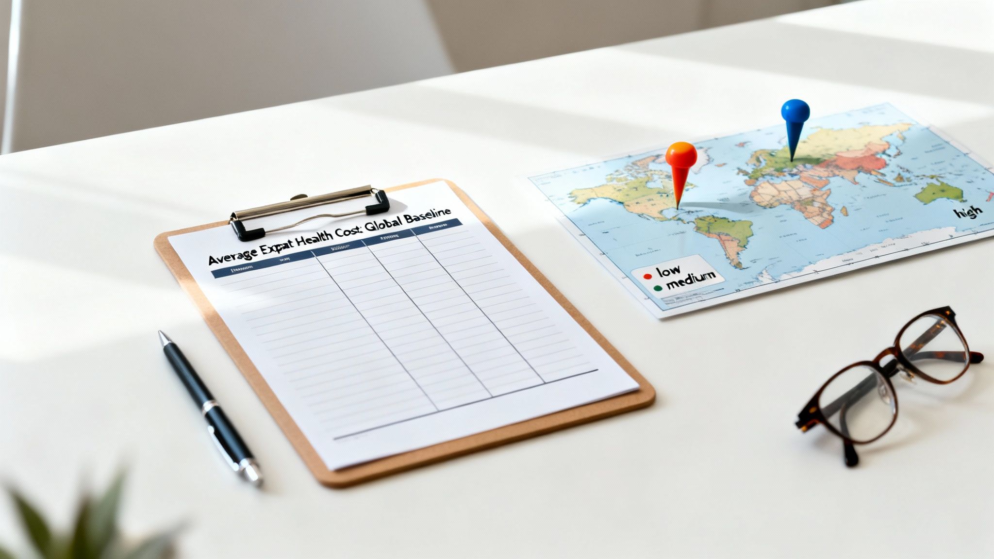 A desk with a clipboard detailing expat health costs and a world map with location pins.