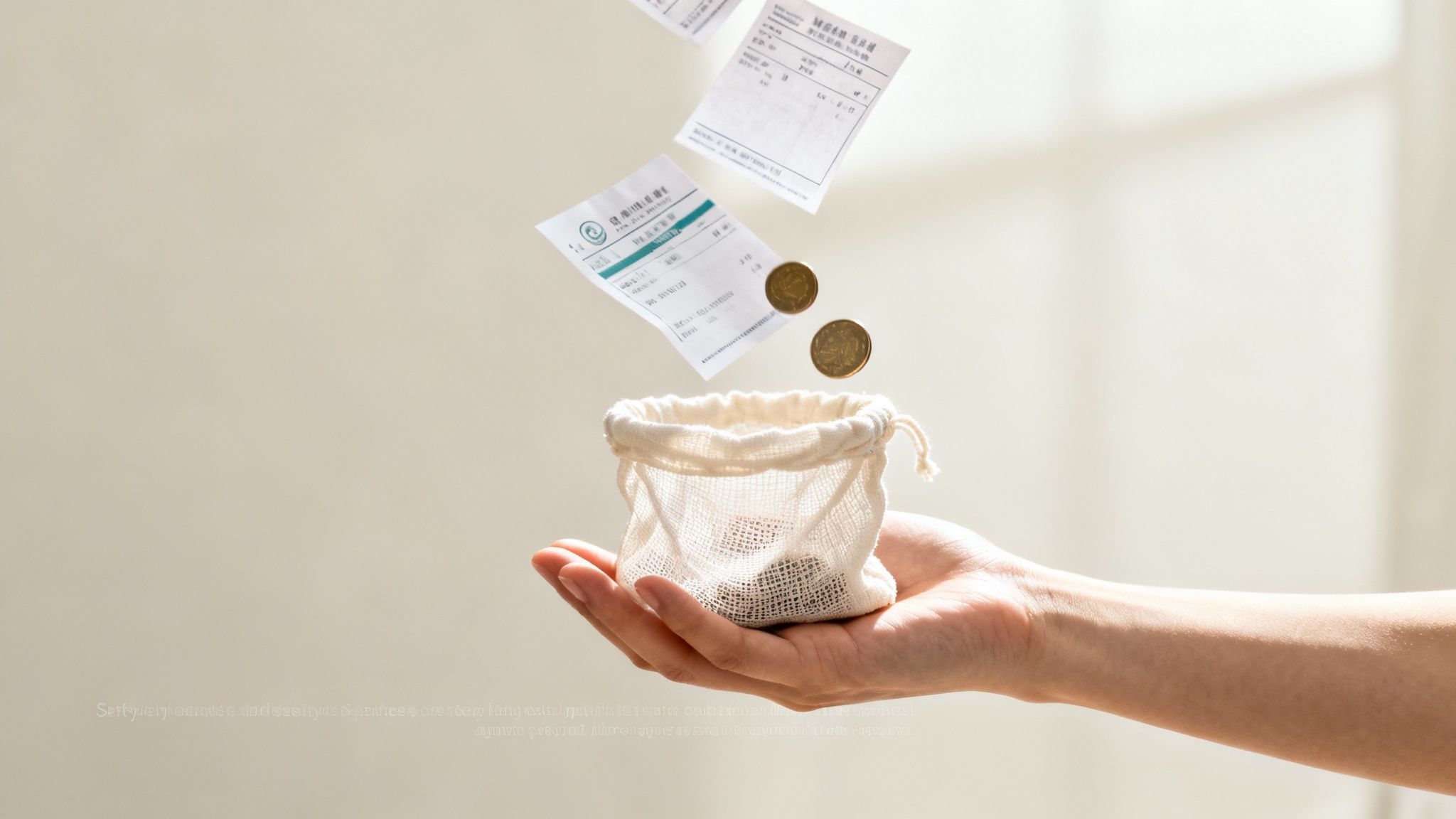 A hand holds a small fabric bag with receipts and gold coins falling into it, symbolizing financial savings.