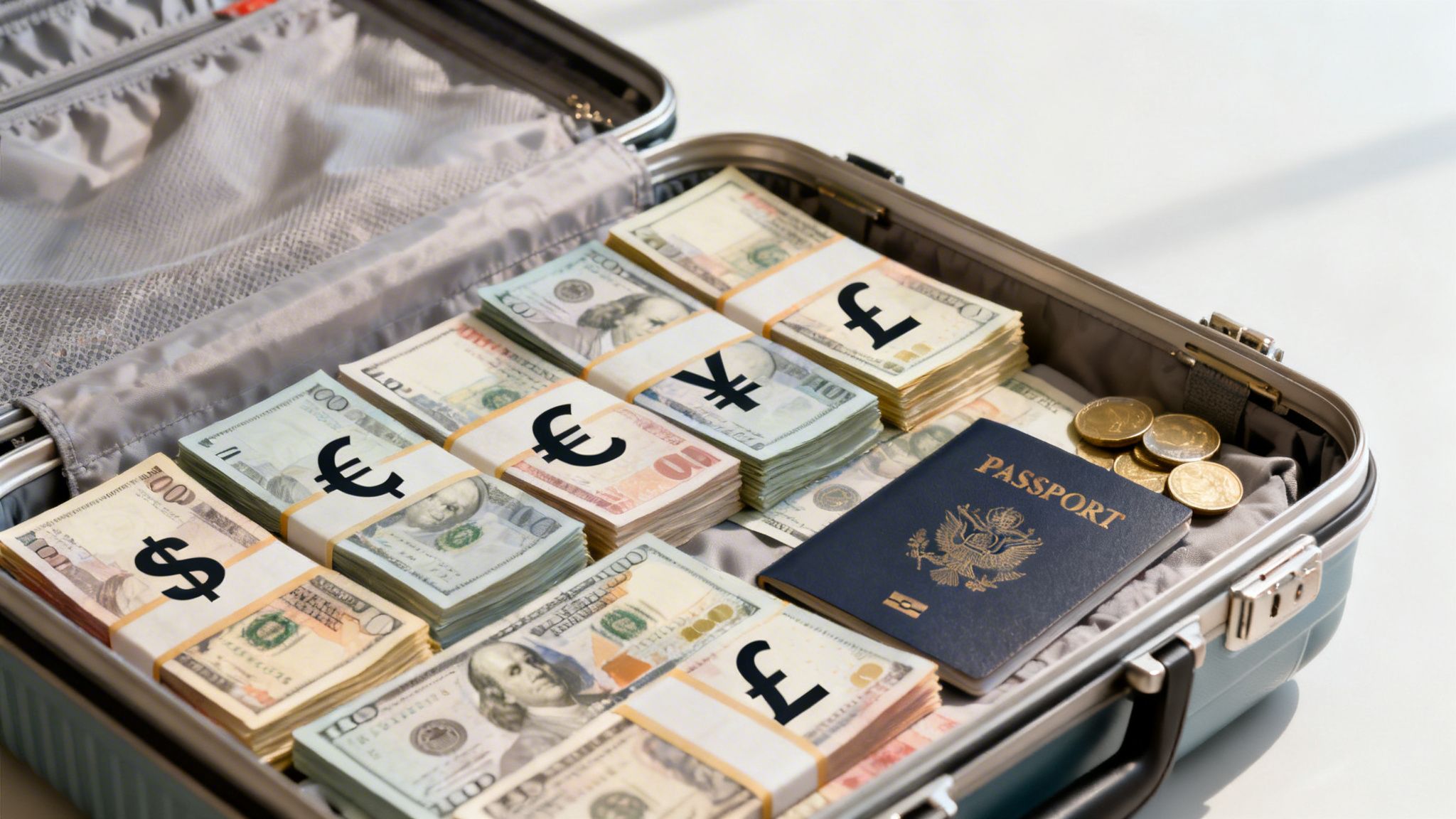 An open suitcase filled with bundles of different international currencies, a US passport, and gold coins.