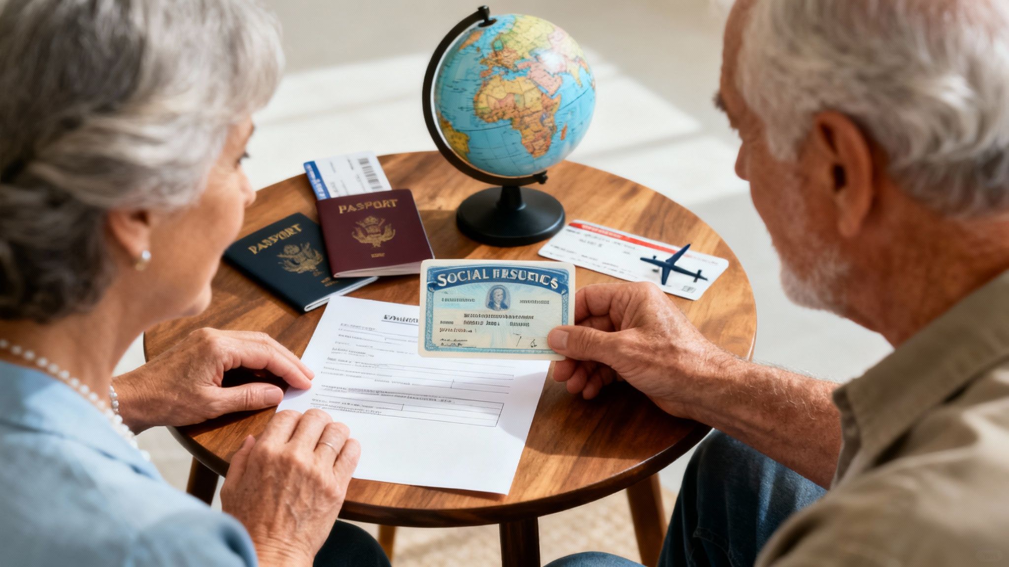 A senior couple prepares for international travel, examining passports and a social security card.