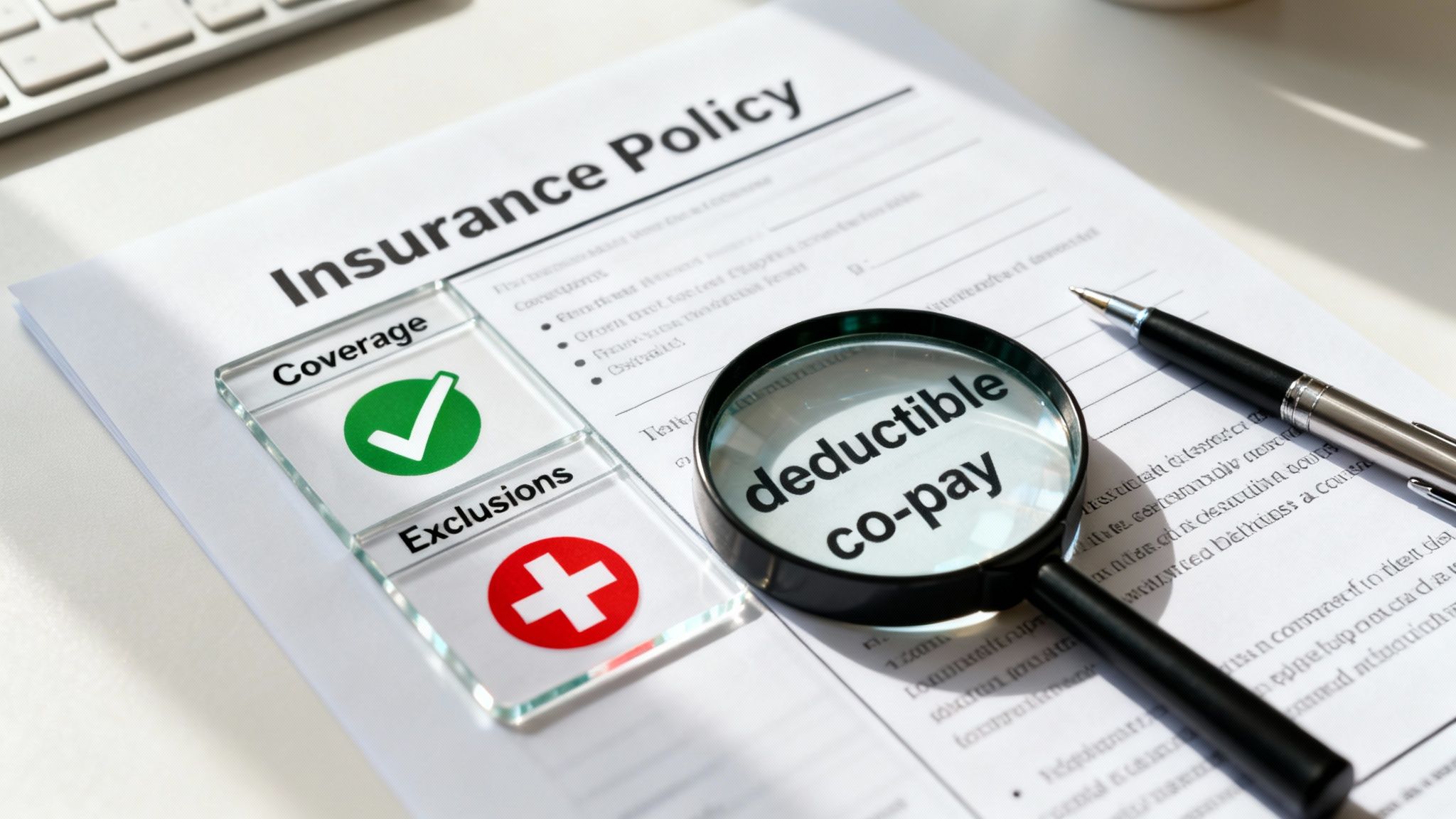 An insurance policy document with a magnifying glass highlighting deductible and co-pay, showing coverage and exclusions.