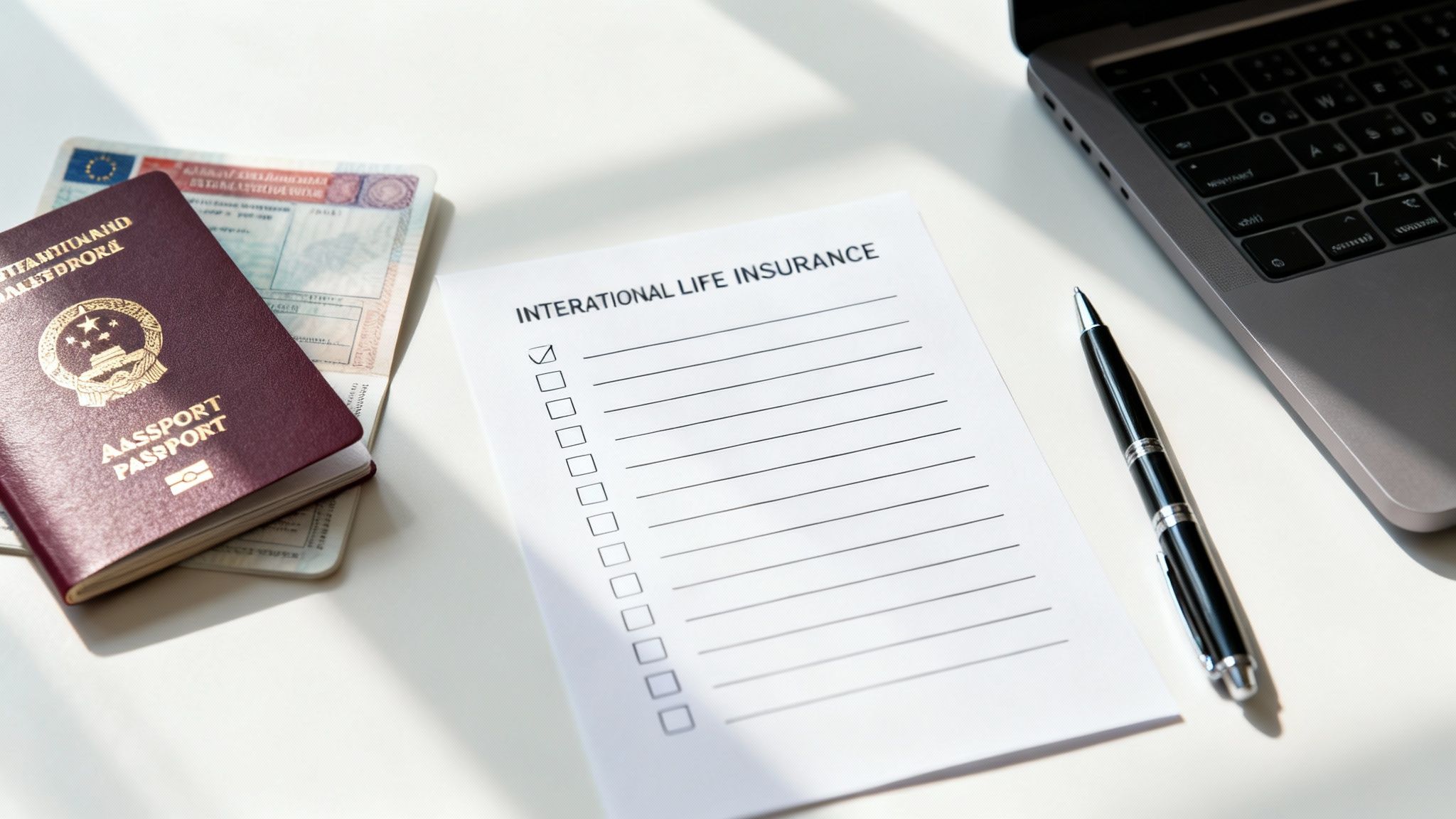 An international life insurance policy document with a passport, pen, and laptop on a sunlit white desk.