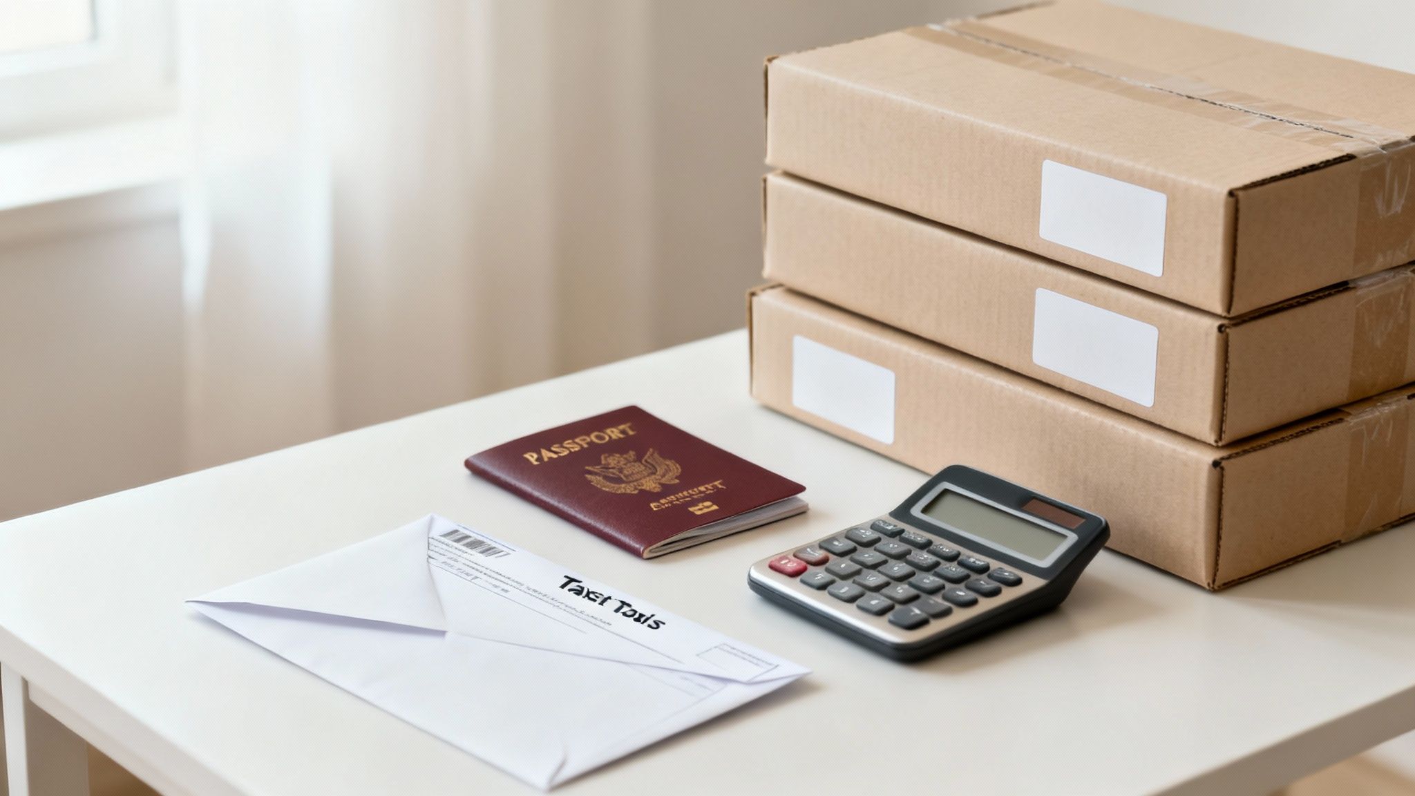Three cardboard boxes, a passport, an envelope, and a calculator on a white desk, suggesting international shipping.