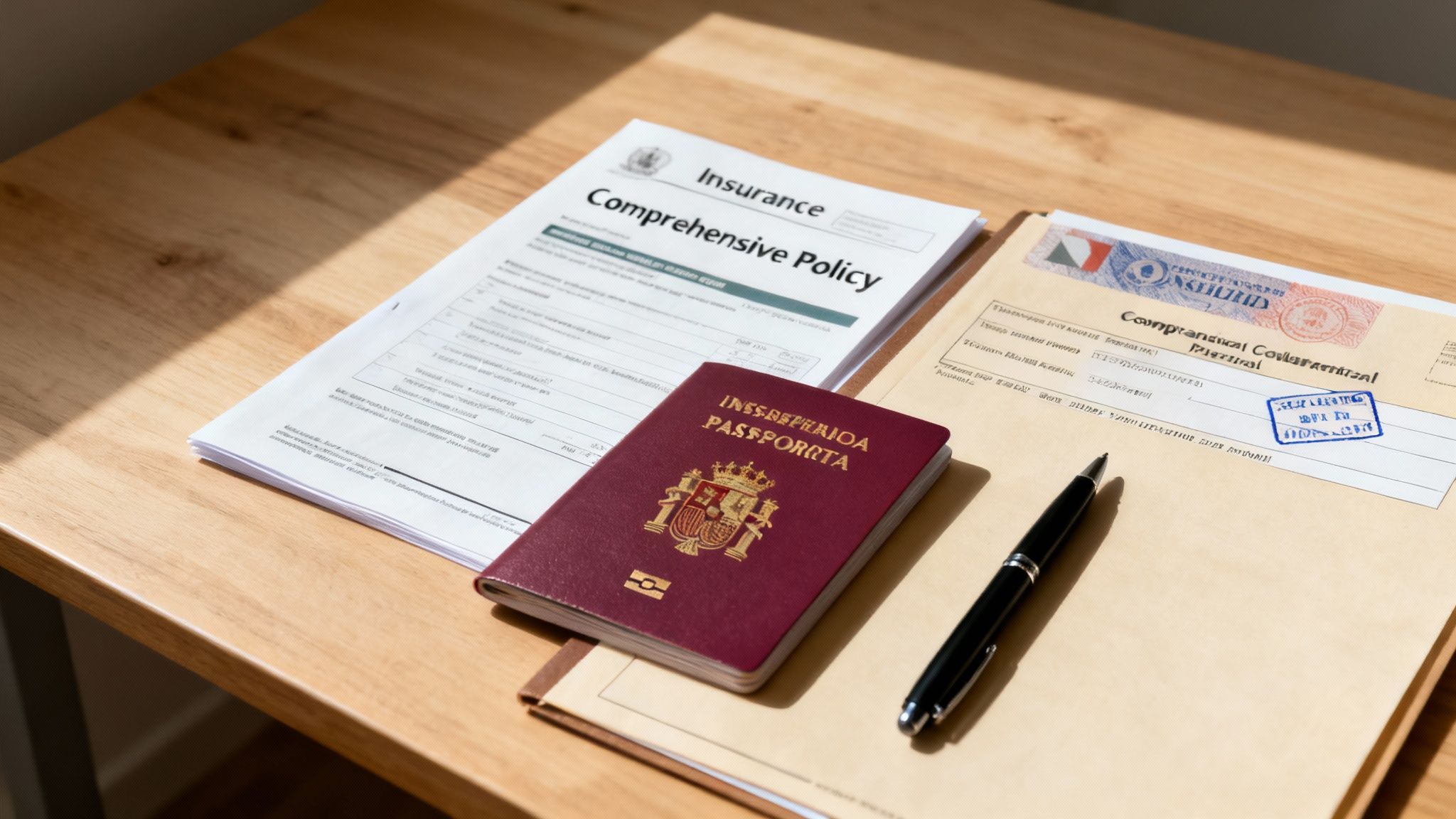 A person's hands holding a passport and visa application documents, with a Spanish flag in the background.