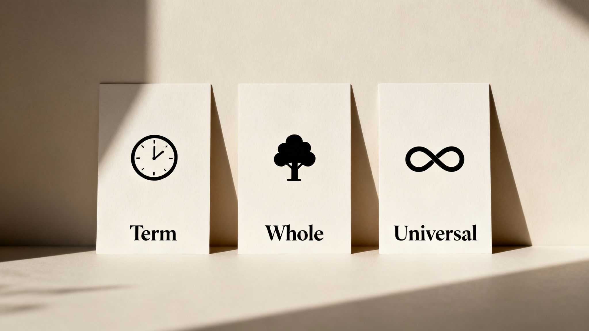 Three white cards on a beige surface, showing a clock with 'Term', a tree with 'Whole', and an infinity symbol with 'Universal'.