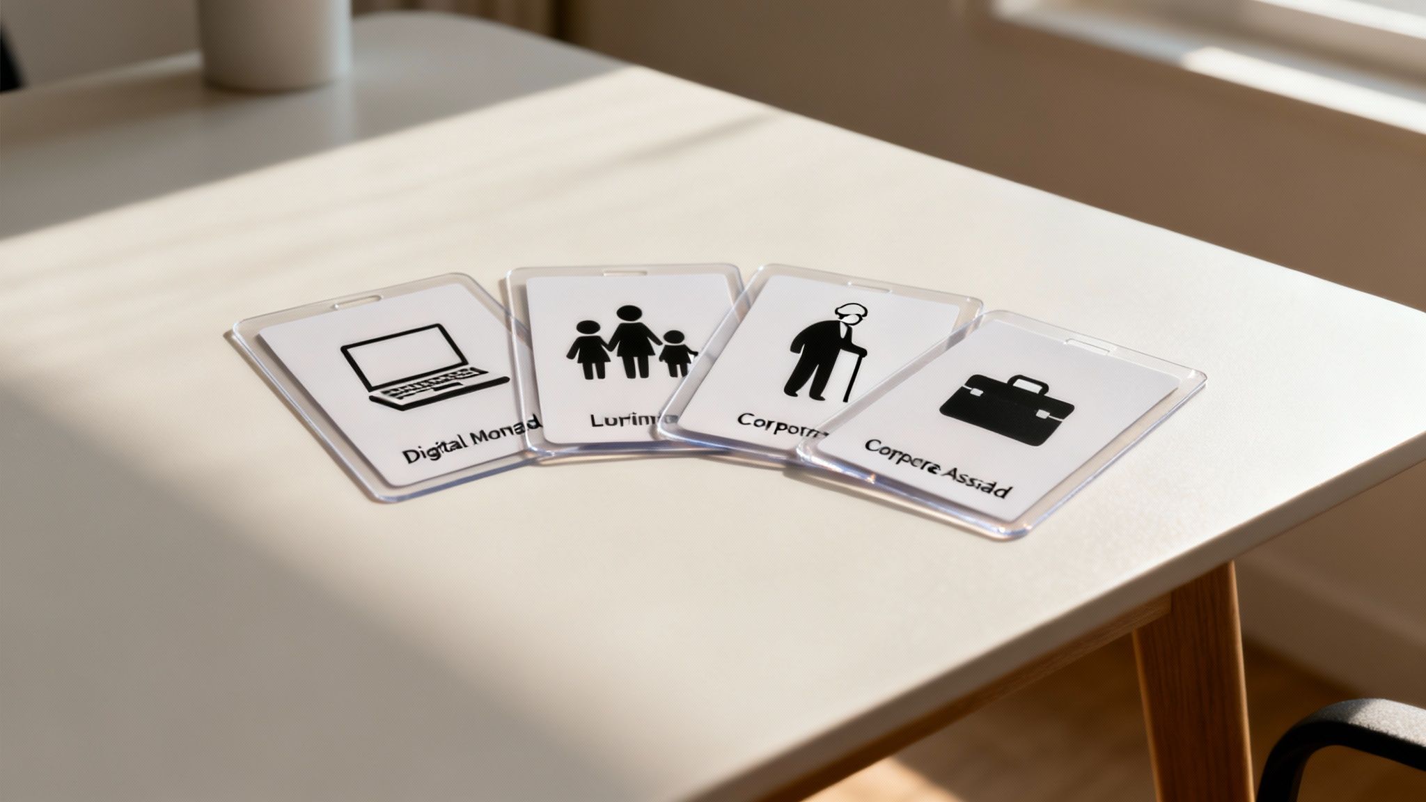 Four white cards with black icons and text representing different demographics and lifestyles on a table.
