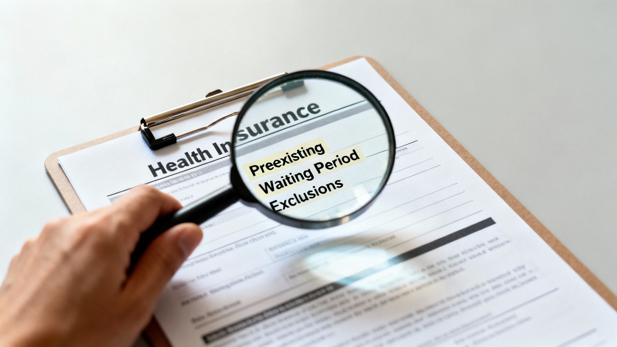 A magnifying glass highlights 'Preexisting Waiting Period Exclusions' on a health insurance document.
