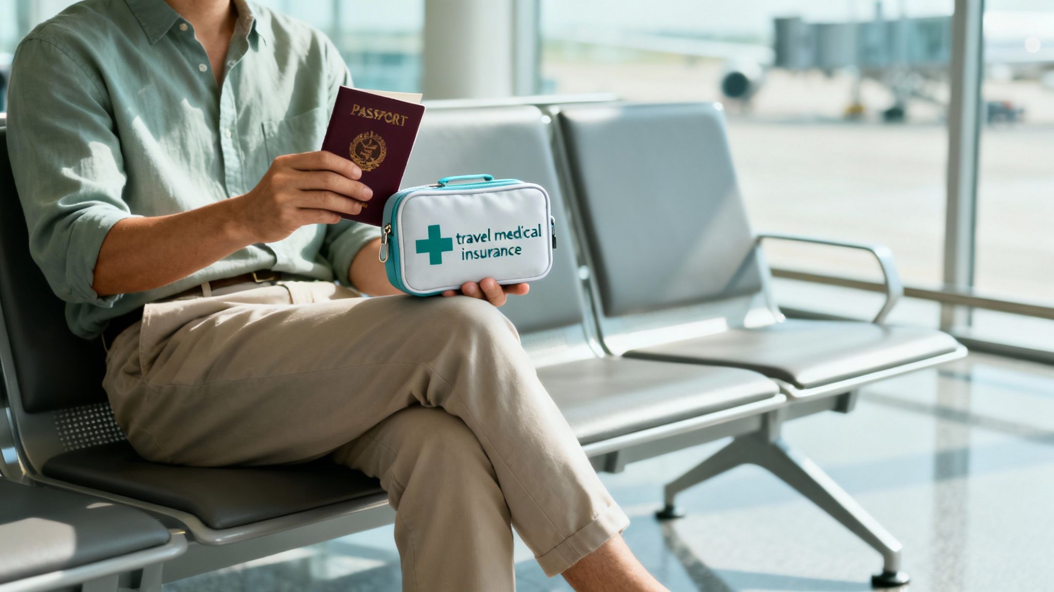 A person in an airport holding a passport and a travel medical insurance kit.
