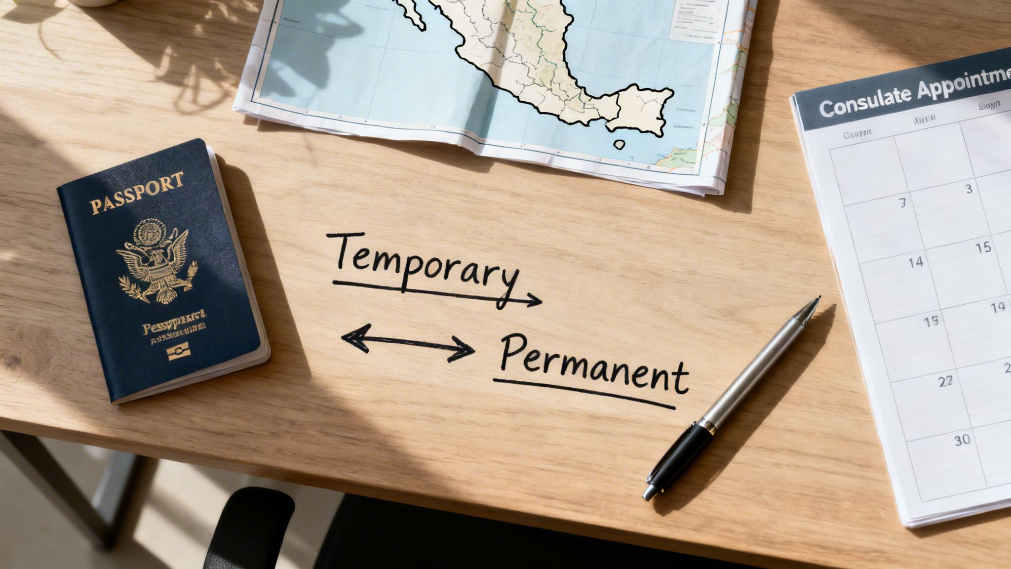 Flat lay of a desk with a US passport, Mexico map, calendar, and words 'Temporary' to 'Permanent'.