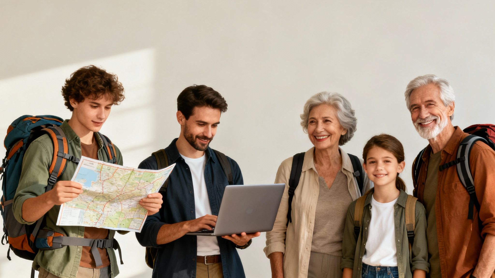 A multi-generational family wearing backpacks, planning a trip with maps and a laptop.