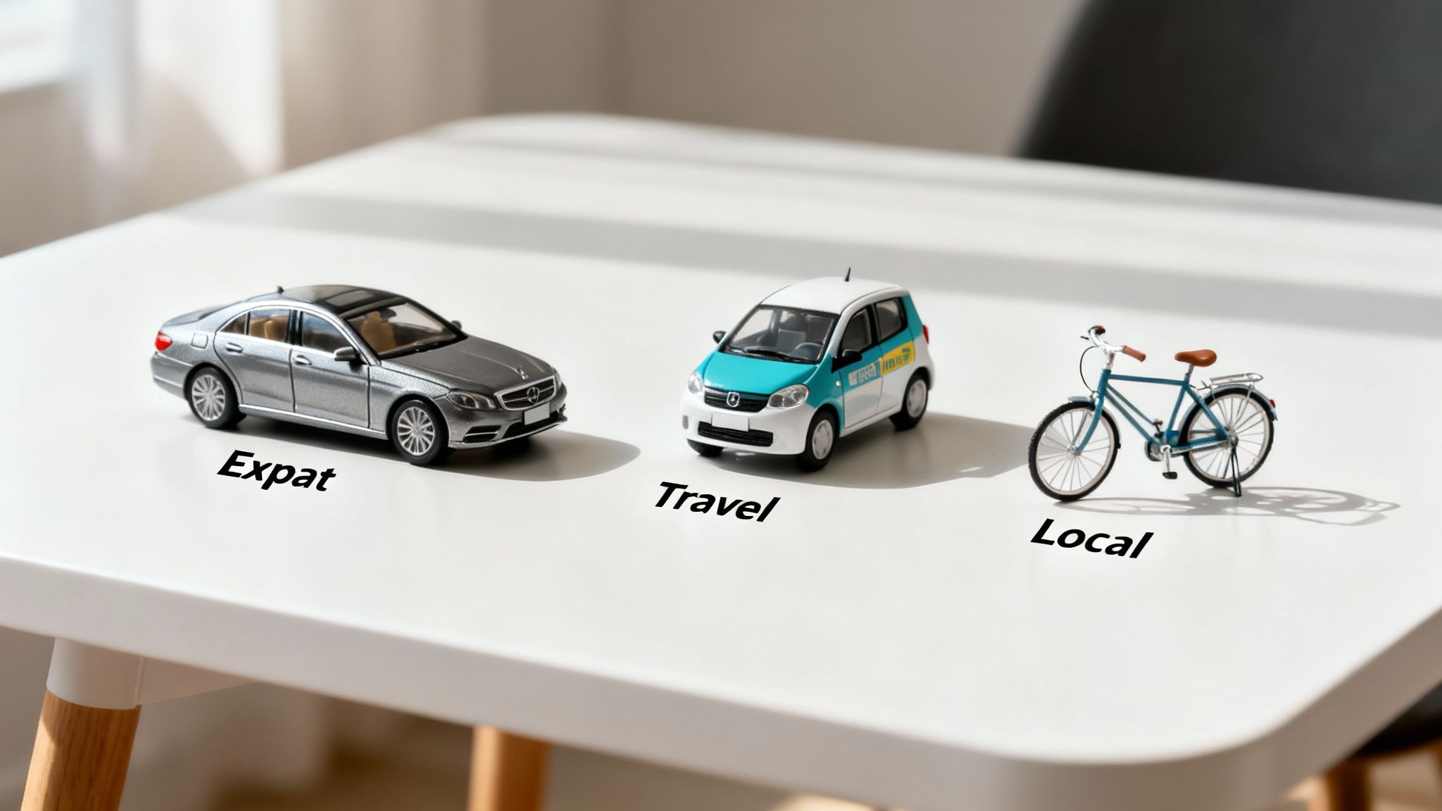 Three miniature vehicles: a luxury car, a compact car, and a bicycle, labeled Expat, Travel, and Local.